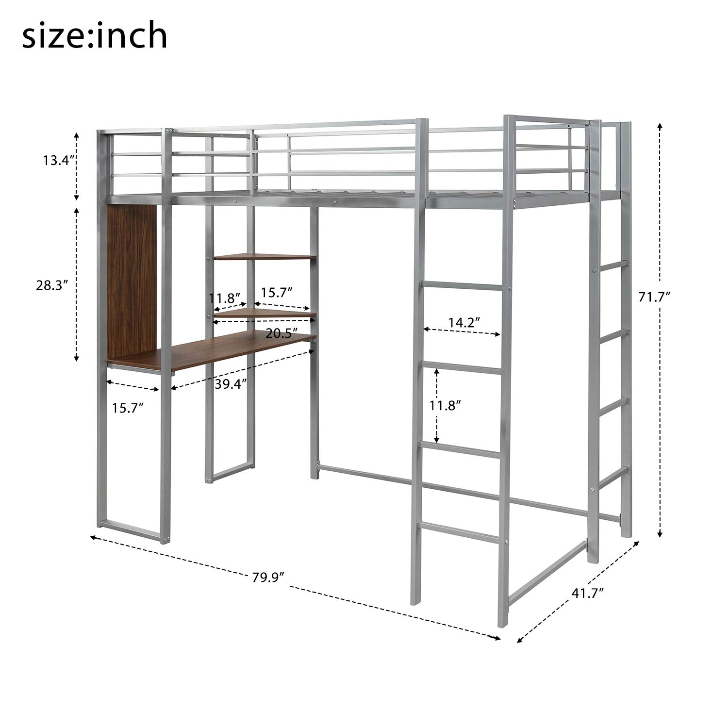 Twin Size Metal Loft Bed with Ladder & Built-in Desk - Sturdy Guardrail, Space Saving Design for Small Rooms - No Box Spring Required (Silver) | Perfect for Kids, Teens & College Dorm Rooms