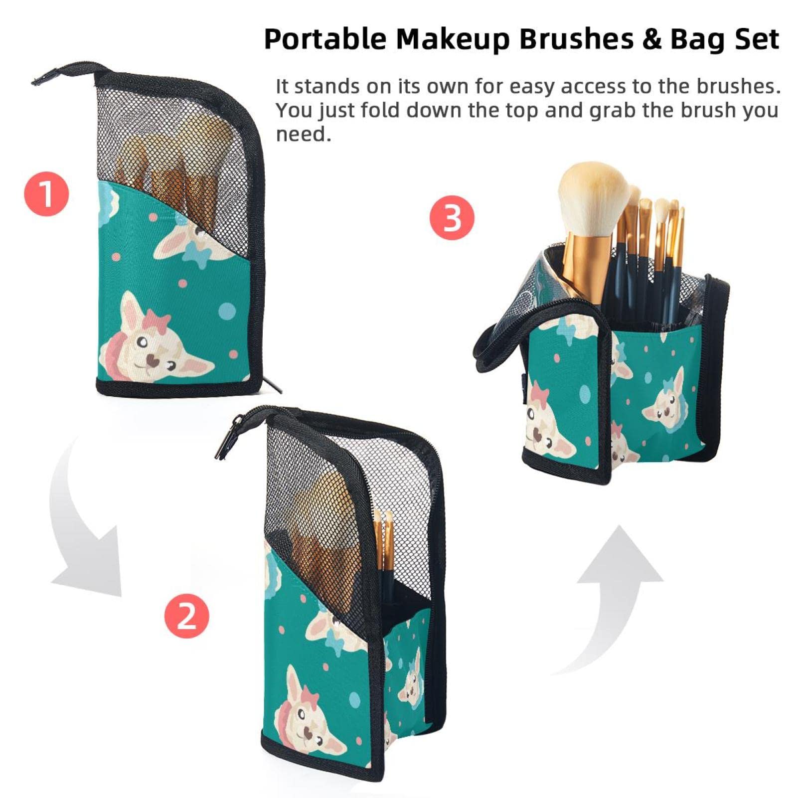 12-Piece Portable Makeup Brush Organizer Bag with Bow Chihuahua Dog Design - Perfect Travel Makeup Brush Holder Case for Home & On-The-Go