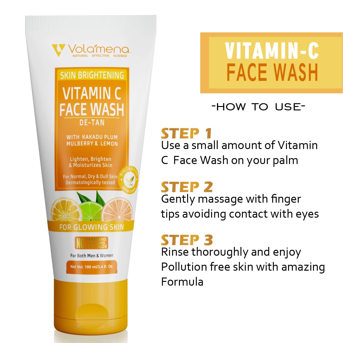 Volamena Vitamin C Face Wash with Orange Extract - Brightening & Glowing Skin Cleanser for Women & Men - 100ml - Perfect for Daily Skincare Routine & Acne-Prone Skin
