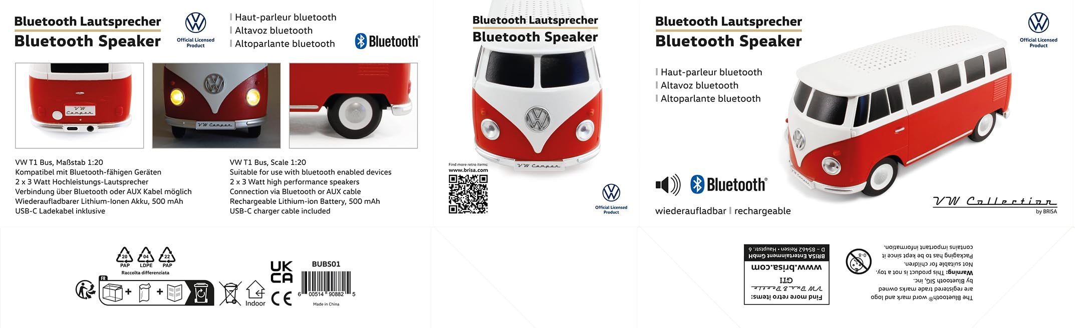 BRISA VW Collection - Volkswagen T1 Bus Bluetooth Speaker Wireless Portable with Rechargeable Battery, Classic Red Campervan (1:20 Scale) - Perfect for Road Trips, Camping & Vintage Car Lovers Gift