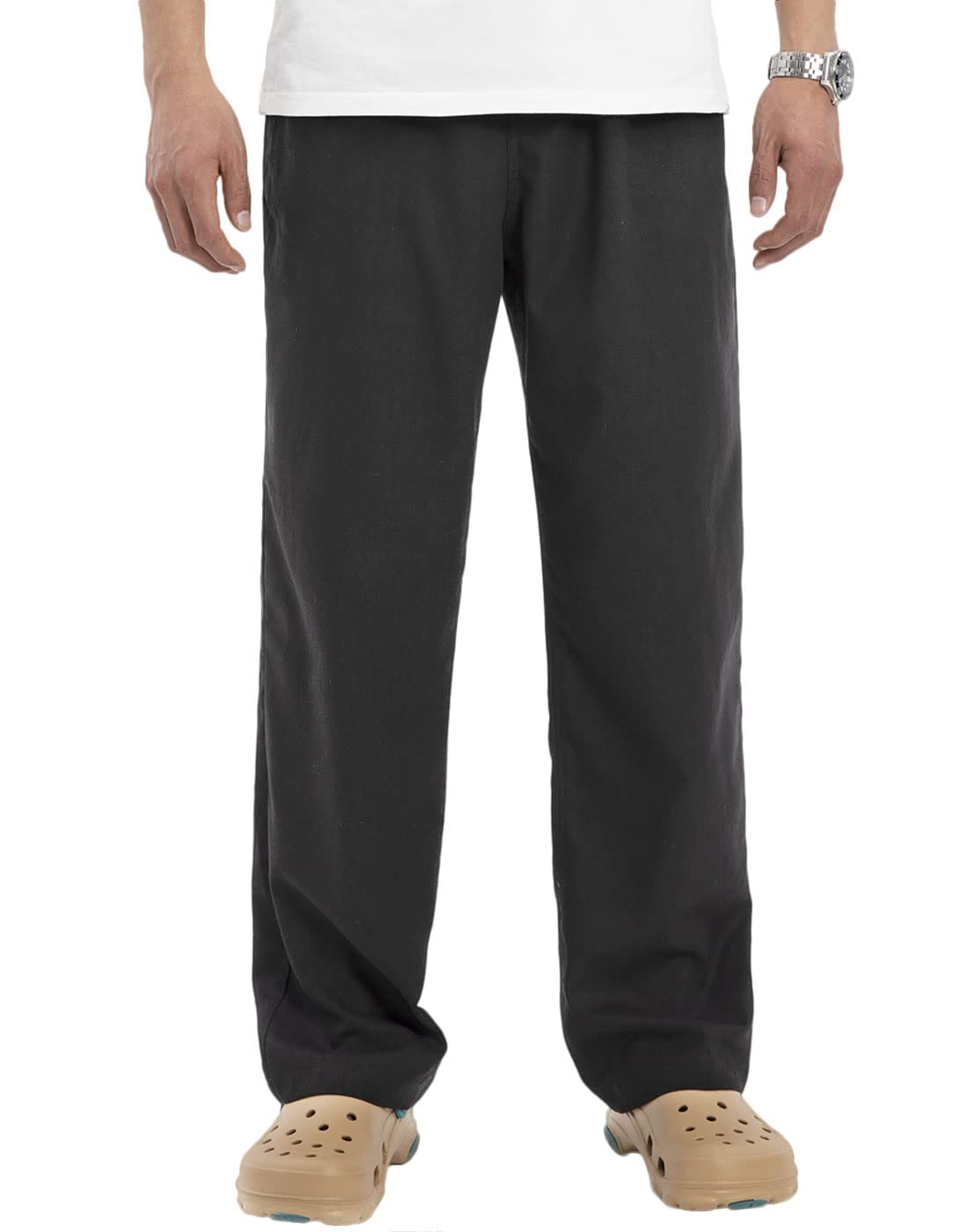 Bonnorth Men's Linen Casual Pants - Elastic Waist Drawstring Wide Leg Comfortable Summer Trousers for Outdoor, Travel & Lounge Wear