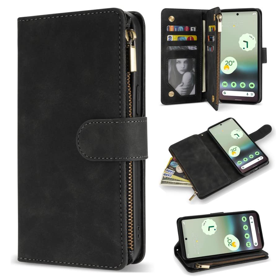 Premium Soft PU Leather Zipper Flip Wallet Case with RFID Blocking & Kickstand for Google Pixel 6A (6.1 inch Black) - Protective Cover with Wrist Strap, Perfect for Travel, Work & Everyday Use