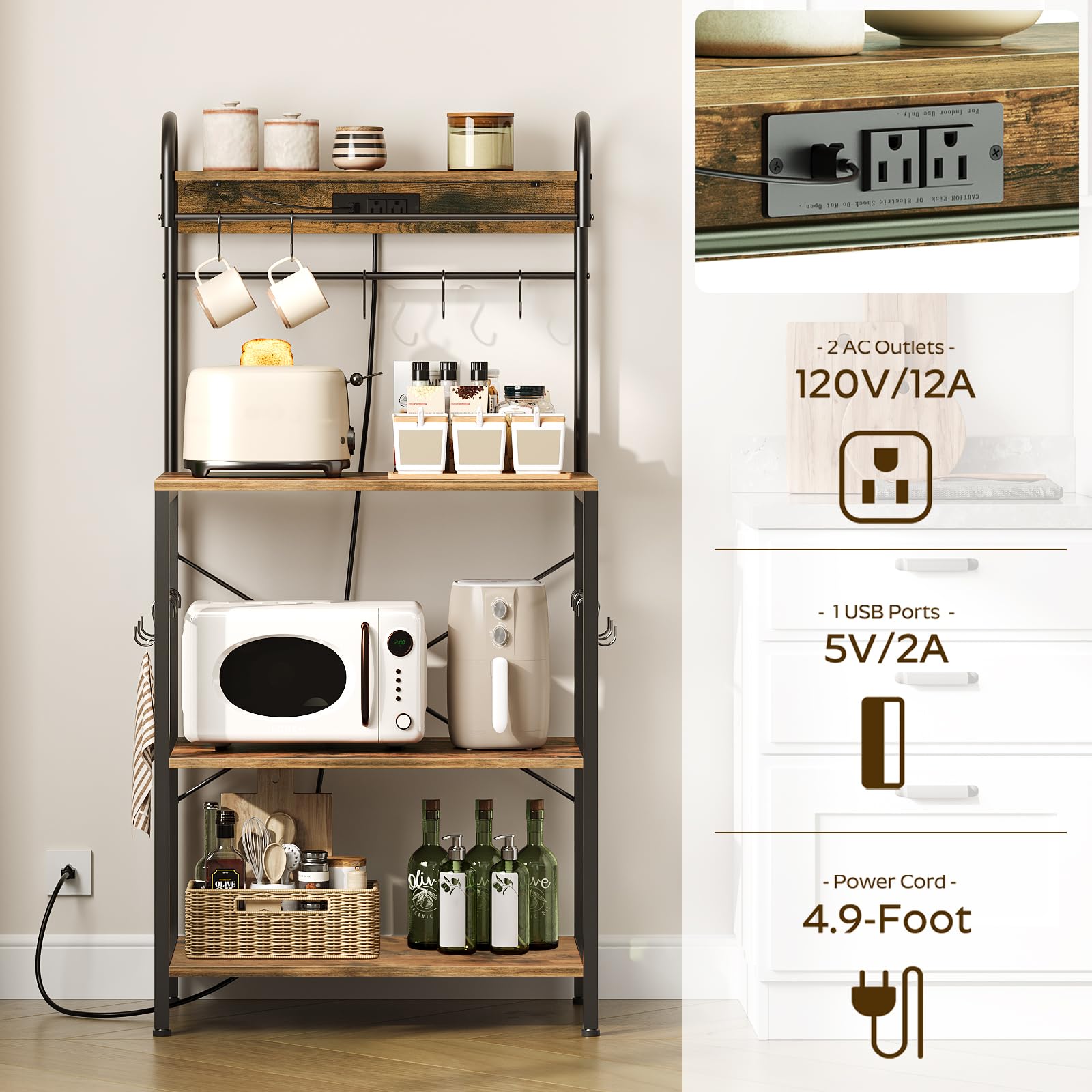 4-Tier Bakers Rack with Power Outlets & LED Lights - Microwave Stand, Coffee Bar Station & Kitchen Storage Shelf - Rustic Brown Kitchen Organizer with S-Hooks for Pots, Pans & Spices - Perfect for Small Kitchens, Apartments & Coffee Stations