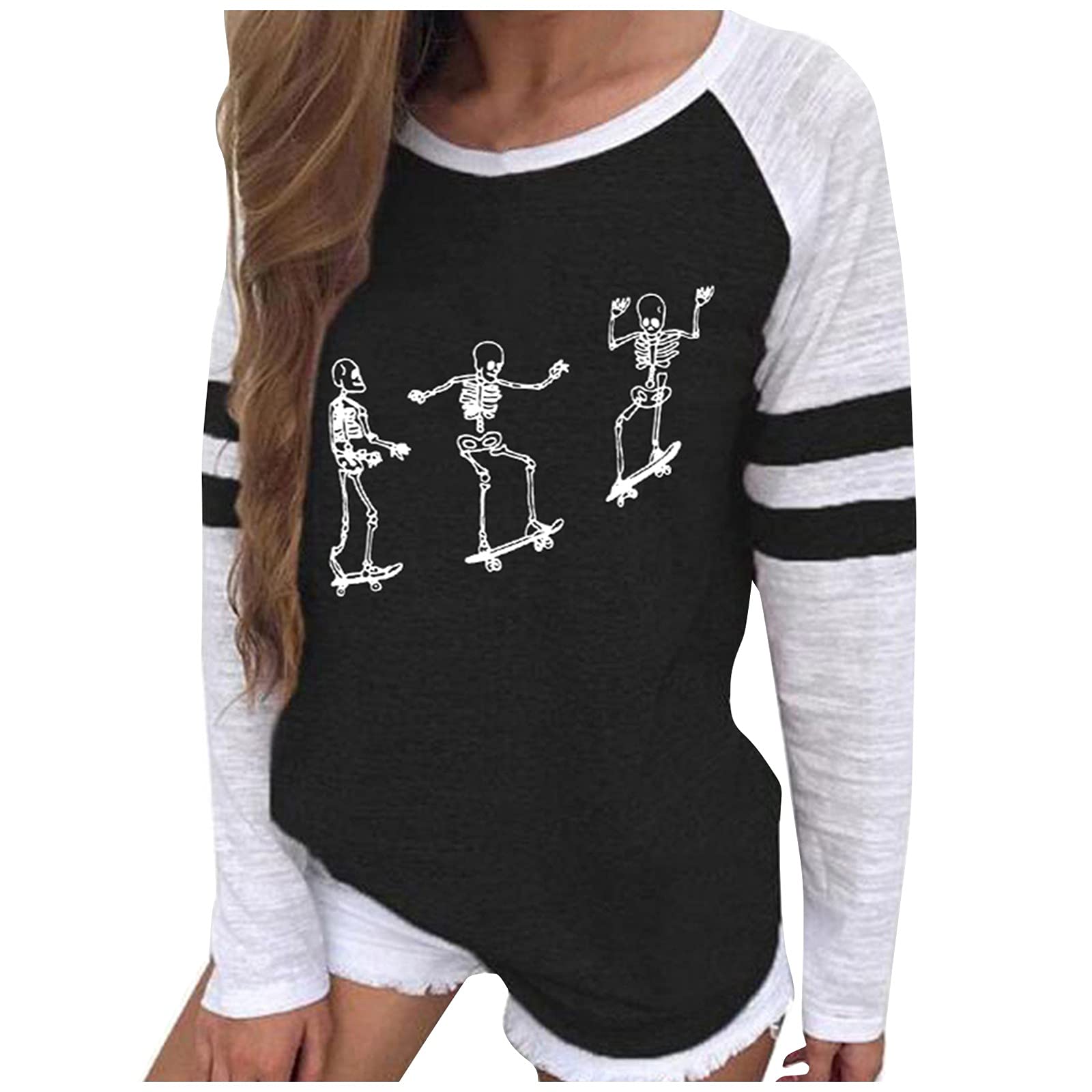 UODSVP Women's Casual Halloween Print Long Sleeve T-Shirt - Fashion Round Neck Loose Blouse for Daily Wear & Holiday Parties