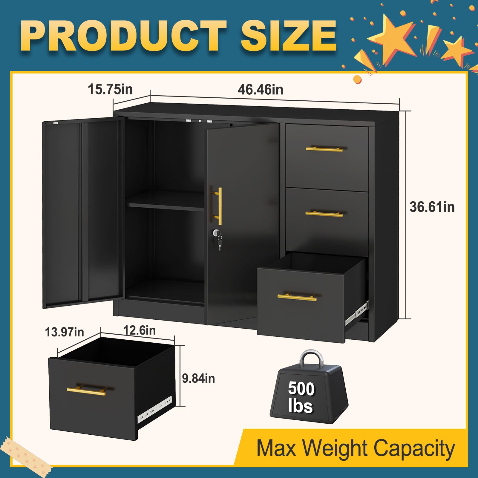 3-Drawer Lateral File Cabinet with Lock - Metal Storage Cabinet for Office, Home, Garage, School & Gym - Secure Document Organizer for Files & Supplies (Black) - Perfect for Workspaces, Storage Rooms & Home Offices