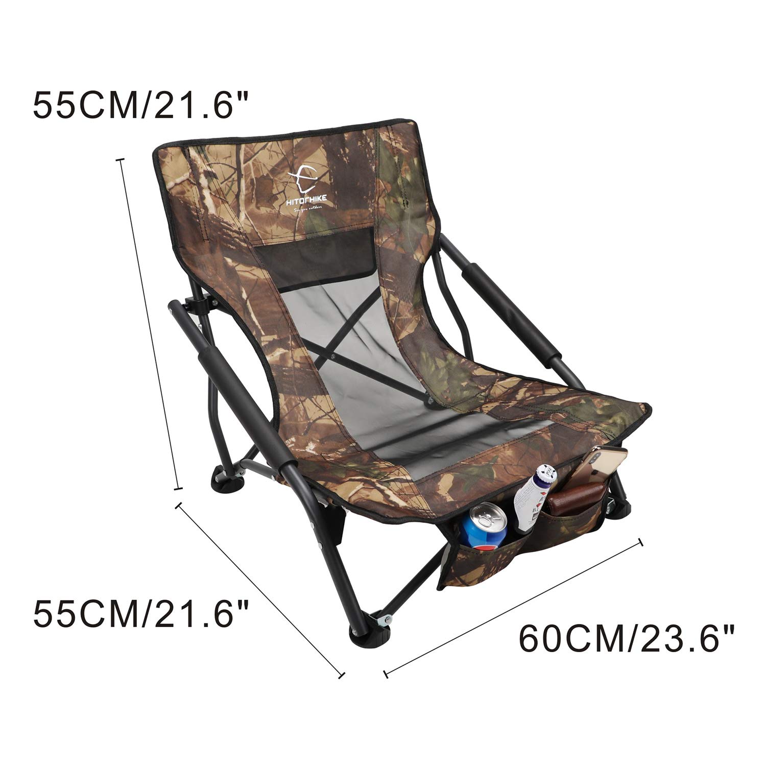 HITORHIKE Portable Folding Chair with Armrests - Lightweight Low Sling Beach Camping Concert Chair - Breathable Nylon Mesh Back - Compact & Sturdy Design - Perfect for Outdoor, Travel, Picnics, and Events