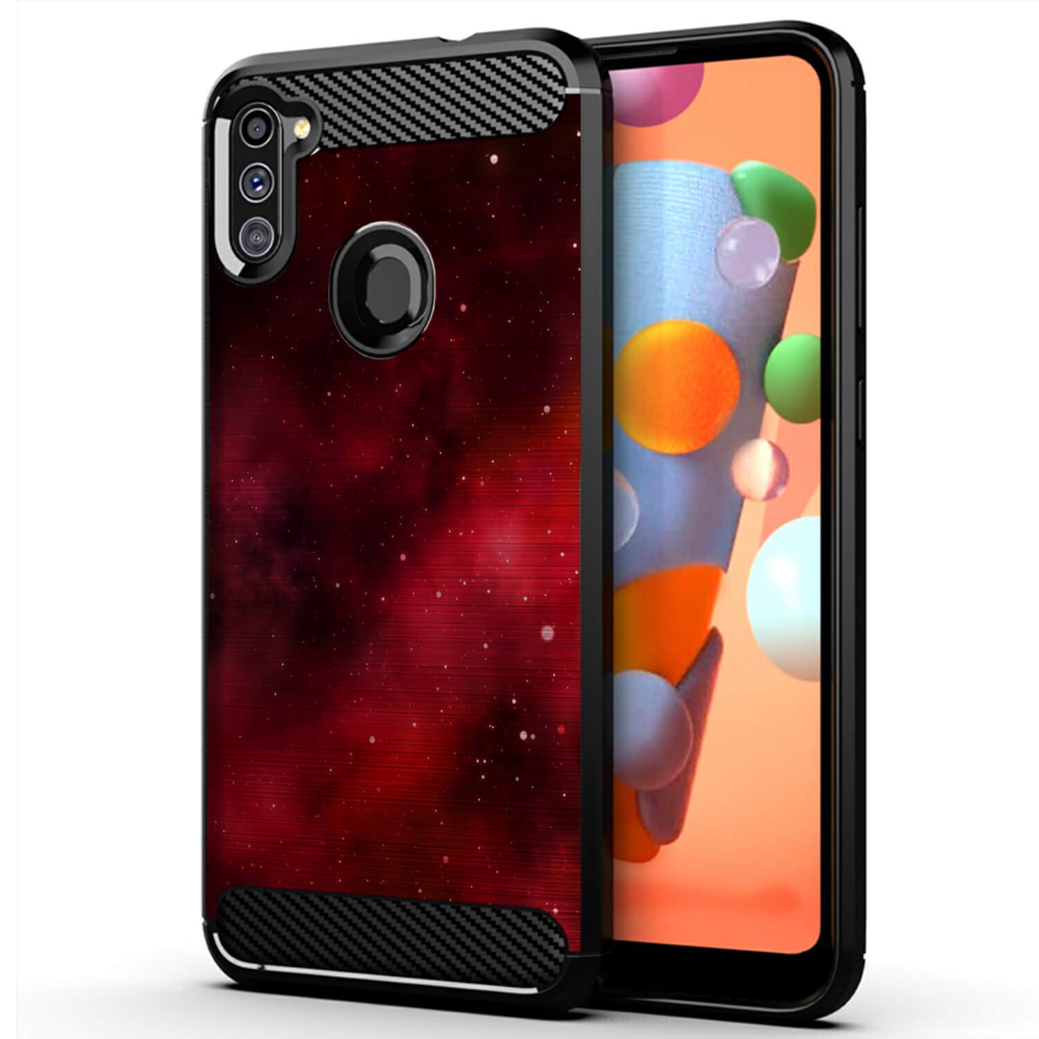 Samsung Galaxy A11 Case (2020) - Slim Flexible TPU Protective Phone Cover with Shock Absorption, Black with Red Galaxy Stars Design | Perfect for Everyday Use, Travel & Outdoor Activities