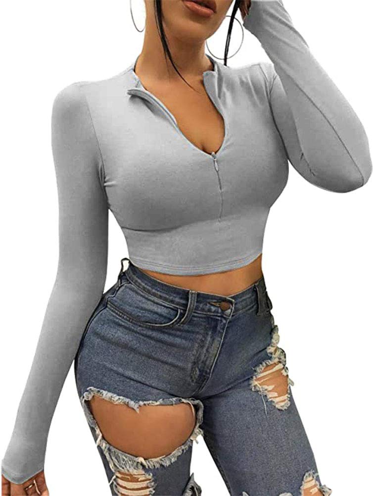 Artfish Women's Long Sleeve Quarter Zip Fleece-Lined Crop Top - Soft V-Neck Fitted Shirt for Winter, Yoga, Running & Casual Outfits