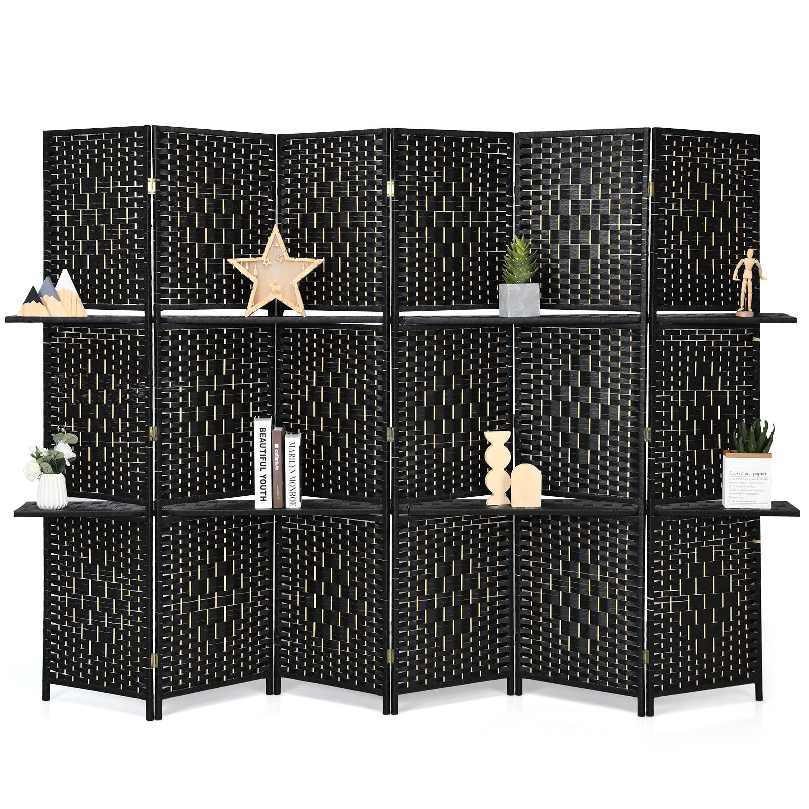 Giantex 6Ft 6 Panel Freestanding Room Divider with Shelves - Hand-Woven Rattan Folding Privacy Screen for Home, Office & Studio - Wooden Partition Wall for Room Separation & Organization | Perfect for Creating Private Spaces, Home Decor & Workspace Dividers
