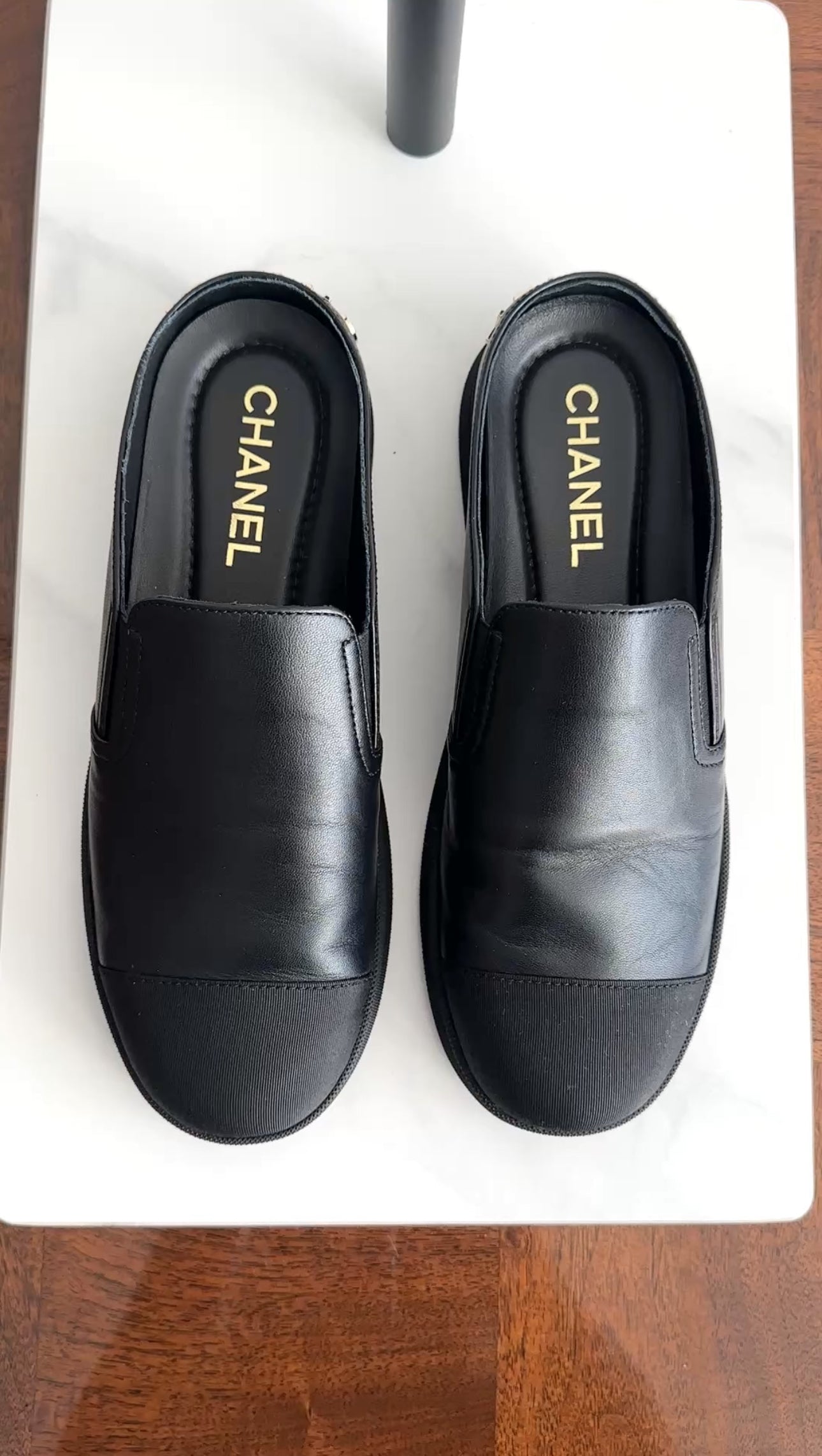 Chanel 2024 Black Leather Signature Logo Flat Mules Women's Size 36.5 - Comfortable Slip-On Shoes for Casual Wear & Office Outfits