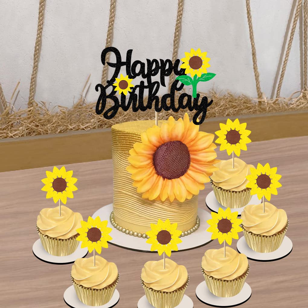 Sunflower Cake Topper Set for Baby Shower & 1st Birthday Party - Glitter Sunflower Cake Decorations for Girls & Boys - Includes 1 Large Topper & 6 Cupcake Toppers - Perfect for Sunflower Theme Parties, Gender Reveals & Spring Celebrations