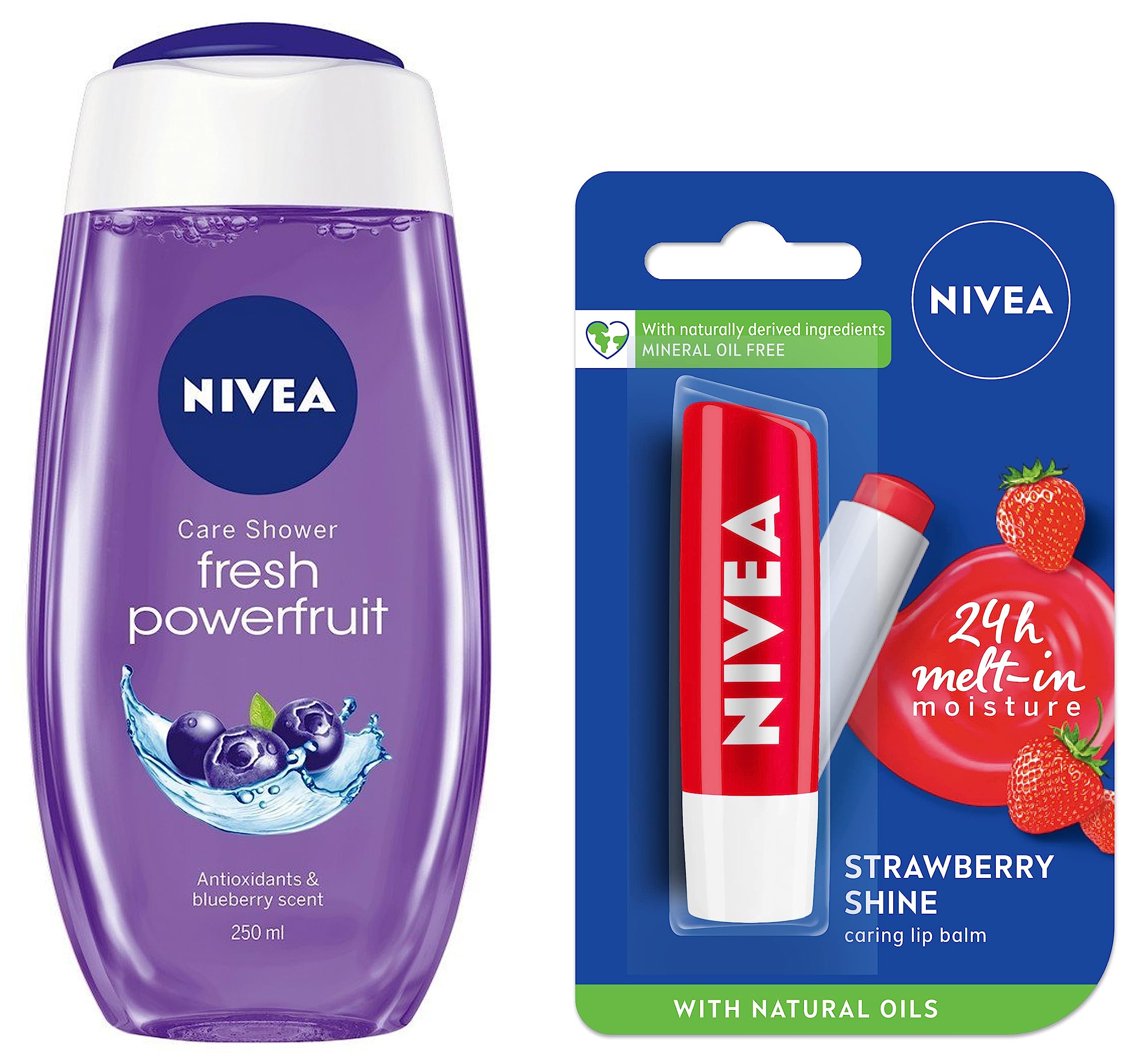 NIVEA Lip Balm - Fruity Strawberry Shine 4.8g & NIVEA Body Wash - Fresh Powerfruit Shower Gel with Antioxidants & Blueberry Scent 250ml | Hydrating Lip Care & Refreshing Body Cleanser for Daily Skincare Routine