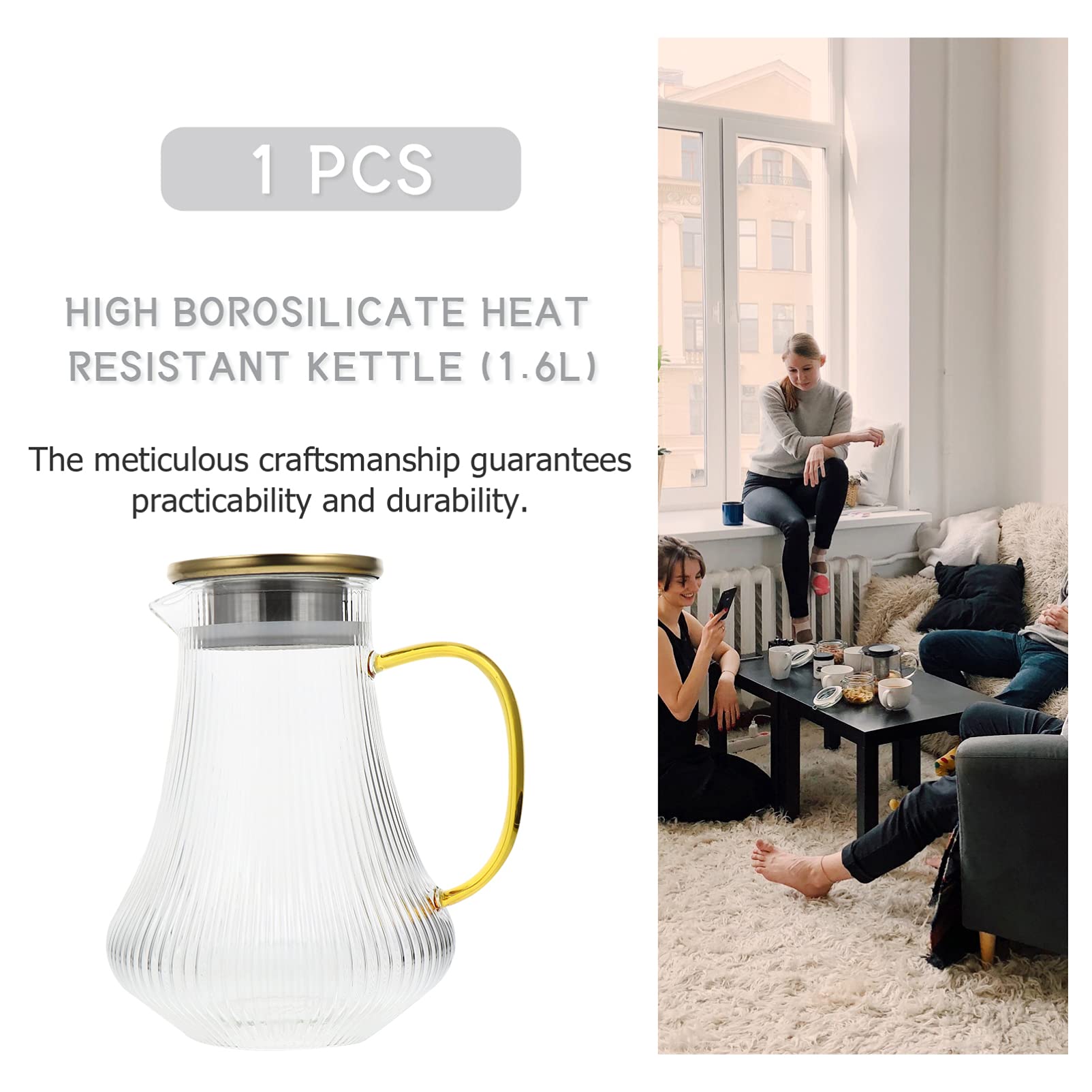 Premium Borosilicate Glass Teapot with Infuser - 1L Cold Water Jug, Heat-Resistant & Transparent Kettle for Iced Tea, Herbal Brewing & Home Decor
