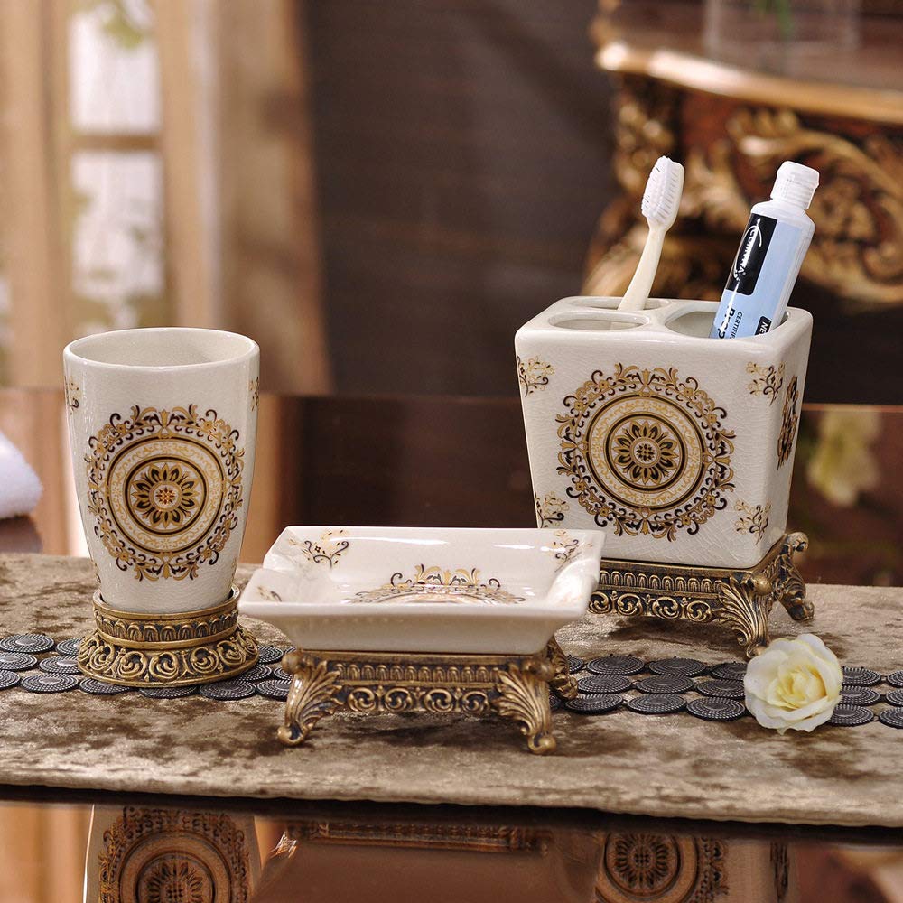 Vintage Ceramic Bathroom Accessories Set - 3 Piece Floral Applique Soap Dish, Toothbrush Holder & Tumbler for Home, Hotel Vanity Countertop | Elegant Bathroom Decor for Spa-Like Relaxation
