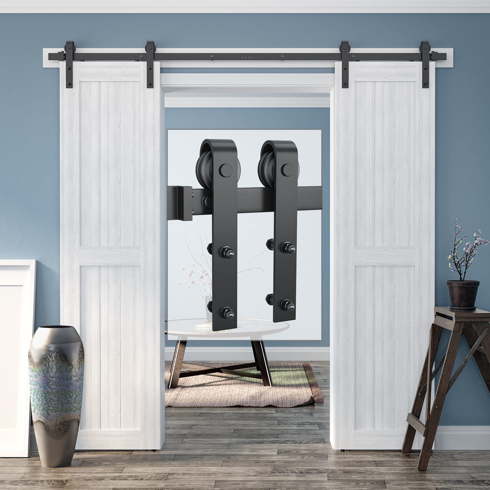8FT Double Barn Door Hardware Kit - Classic Design Standard Track with Upgraded Nylon Bearings for 24