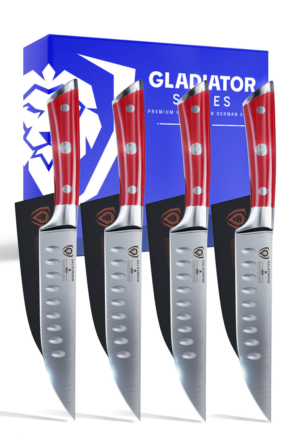 4-Piece Straight Edge Steak Knife Set with Red ABS Handles - Gladiator Series - NSF Certified - Dalstrong - Perfect for Steak Dinners, BBQ Parties & Kitchen Essentials