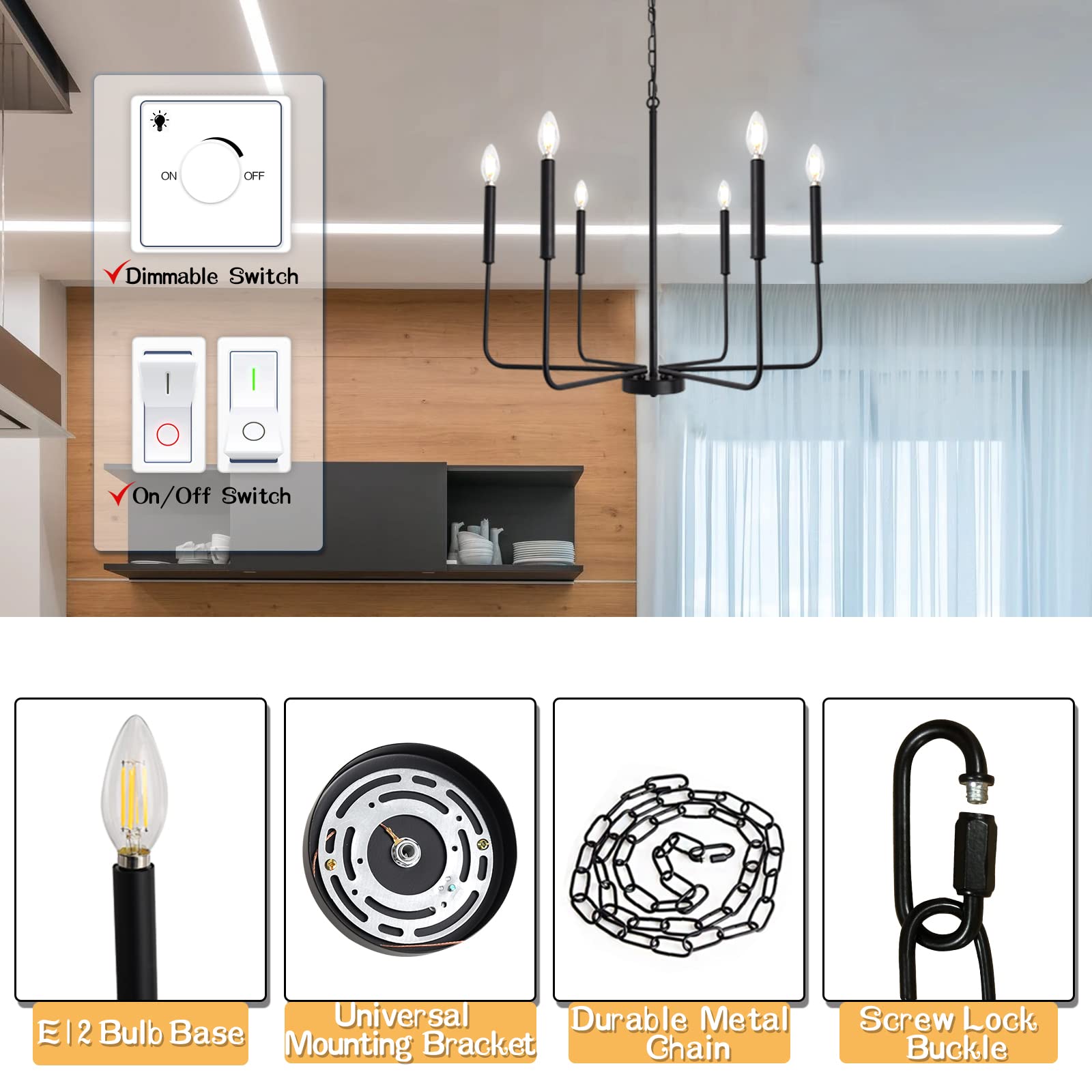 LJHhowe 6-Light Black Chandelier Ceiling Light Fixture - Farmhouse Style Dining Room Pendant Lighting for Kitchen, Bedroom, Living Room & Foyer | Perfect for Rustic Home Decor and Elegant Interior Design