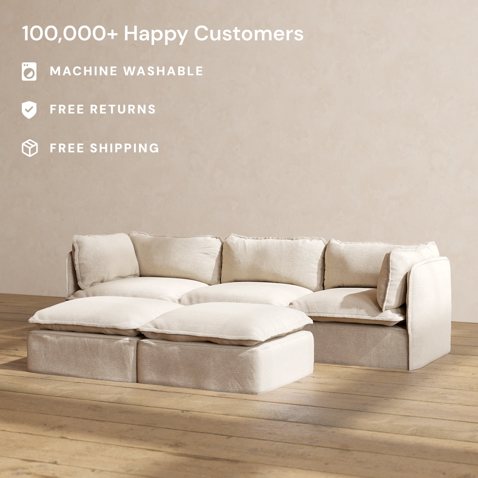 Modular Performance 3-Seater Sofa with Bench Ottoman in Oat - Premium Blend Fabric for Living Room, Lounge & Home Theater Comfort