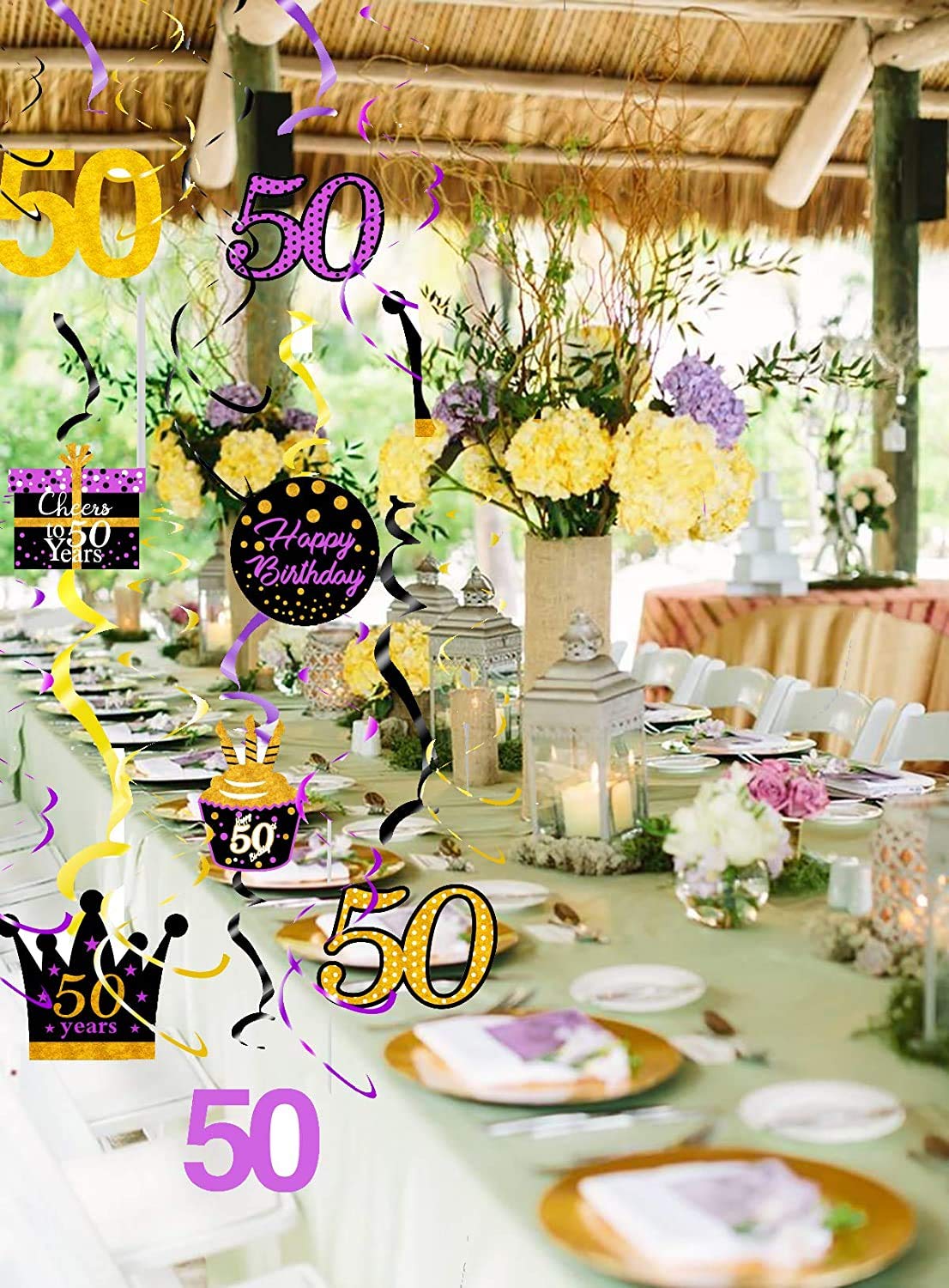 Elegant Purple & Gold 50th Birthday Party Decorations - Hanging Swirls for Women's Milestone Celebration | Perfect for 50 Years Old Birthday Party, Anniversary & Special Occasions