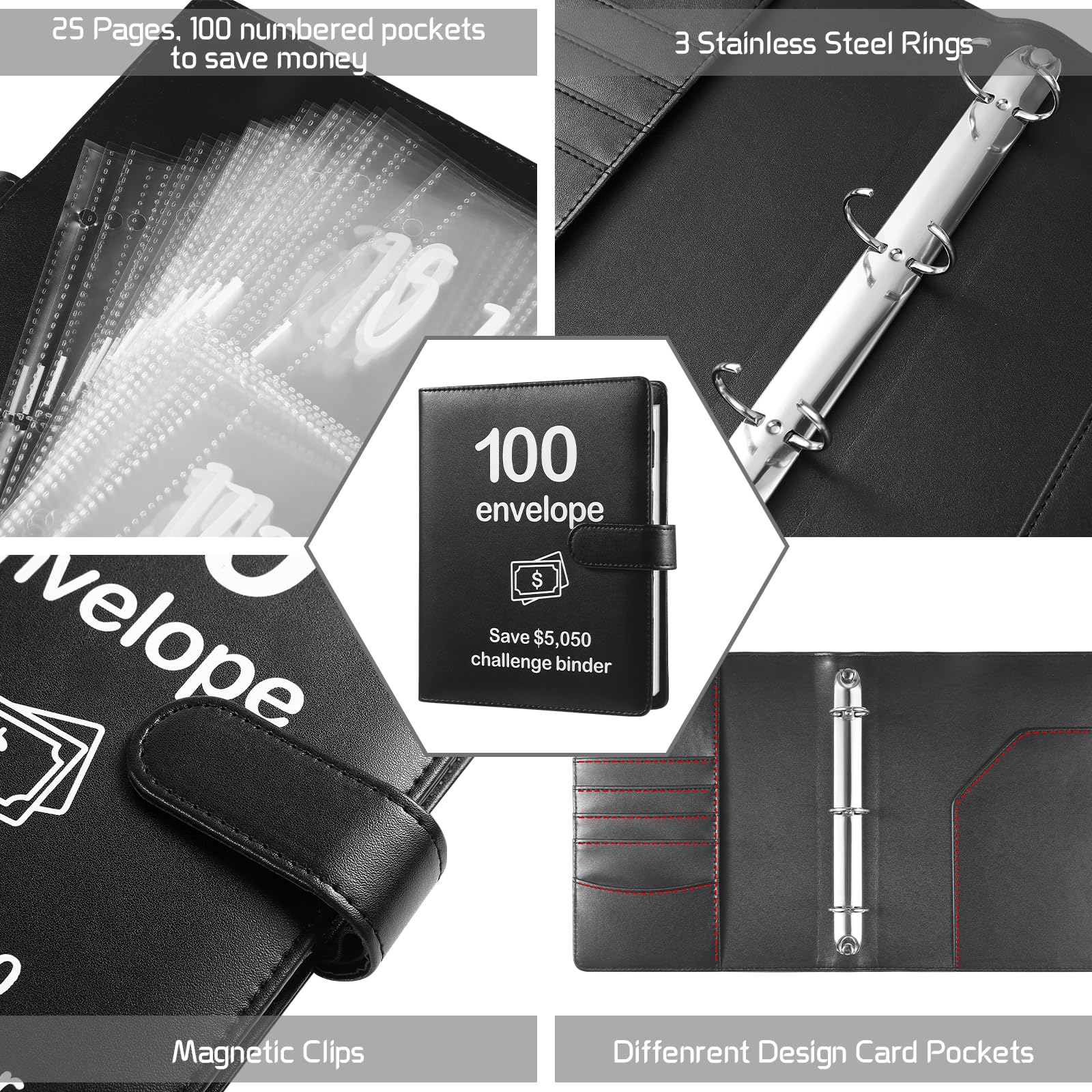 100 Envelopes Money Saving Challenge Binder with Laminated Tracker - Budget Organizer with Cash Envelopes - Save $5,050 Easily - Personal Finance Tool for Cash Budgeting & Debt Free Journey - Perfect for Home Budgeting & Financial Planning (Black)