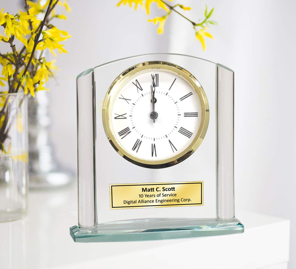 Personalized Gold Engraved Glass Desk Clock - Elegant Cathedral Design for Office, Home & Gifts | Perfect Employee Service Award, Anniversary, Birthday, Retirement Gift for Coworkers & Friends