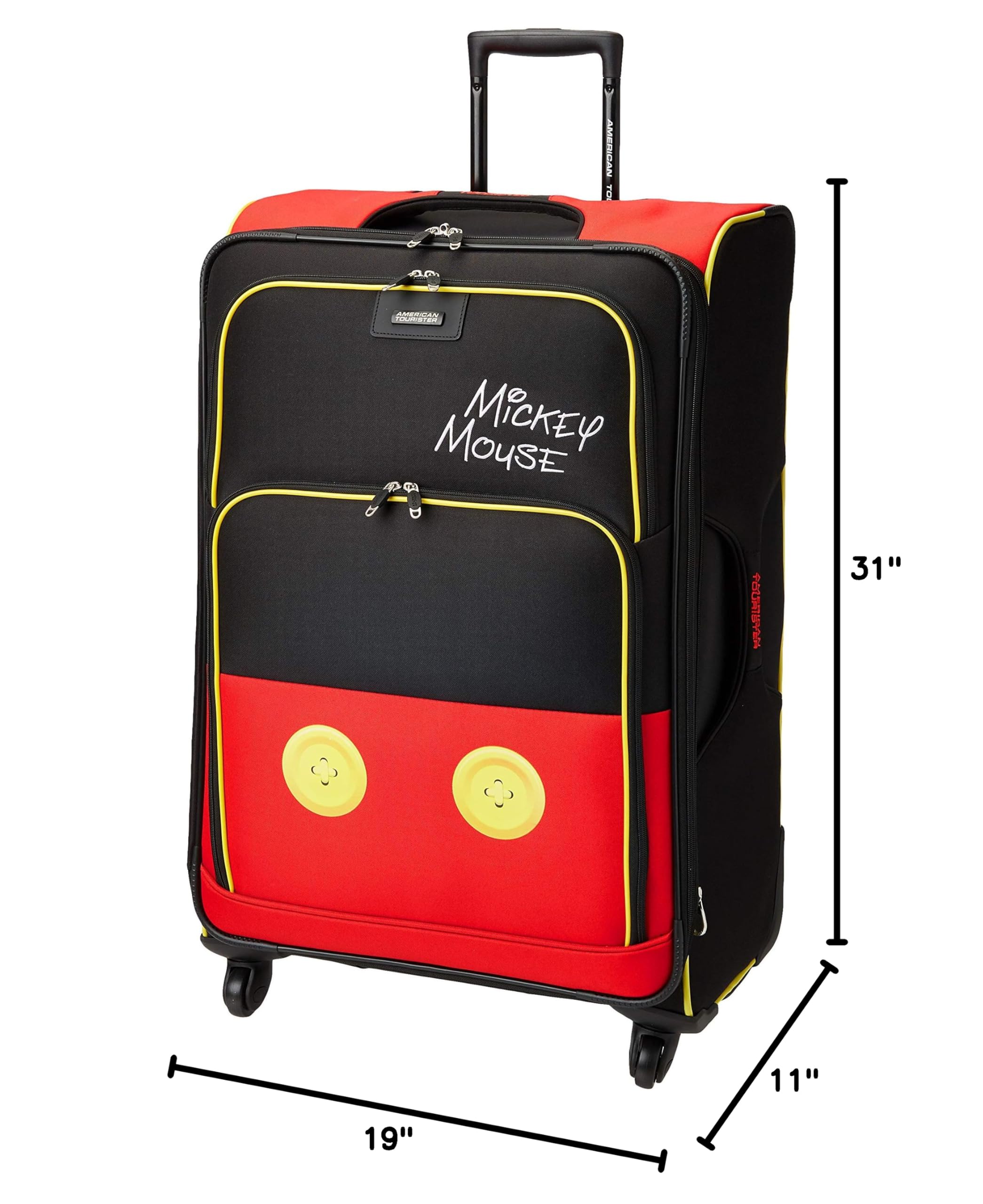 American Tourister Disney Softside Luggage with 360° Spinner Wheels - Mickey Mouse Design Large 28-Inch Checked Suitcase for Family Vacations, Business Trips & Air Travel