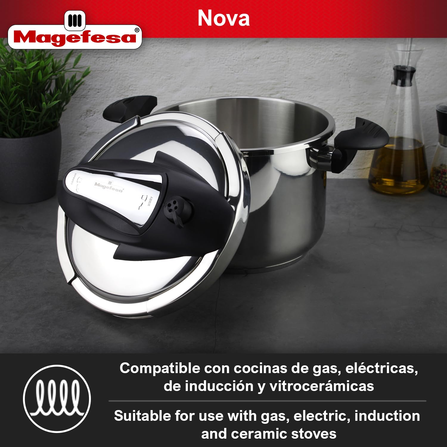 Magefesa Nova 6.3 Quart Stainless Steel Pressure Cooker - Fast Cooking, Easy Locking, Induction Compatible, 5 Safety Systems (11.6 PSI) - Perfect for Soups, Stews & Family Meals