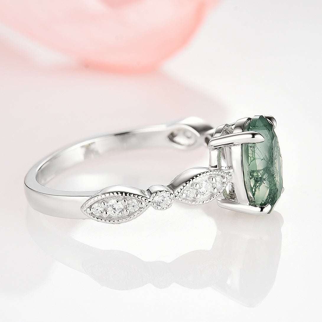 Kylie Art Deco Green Moss Agate Ring - Sterling Silver Jewelry for Women, Vintage Style Statement Ring for Parties & Special Occasions