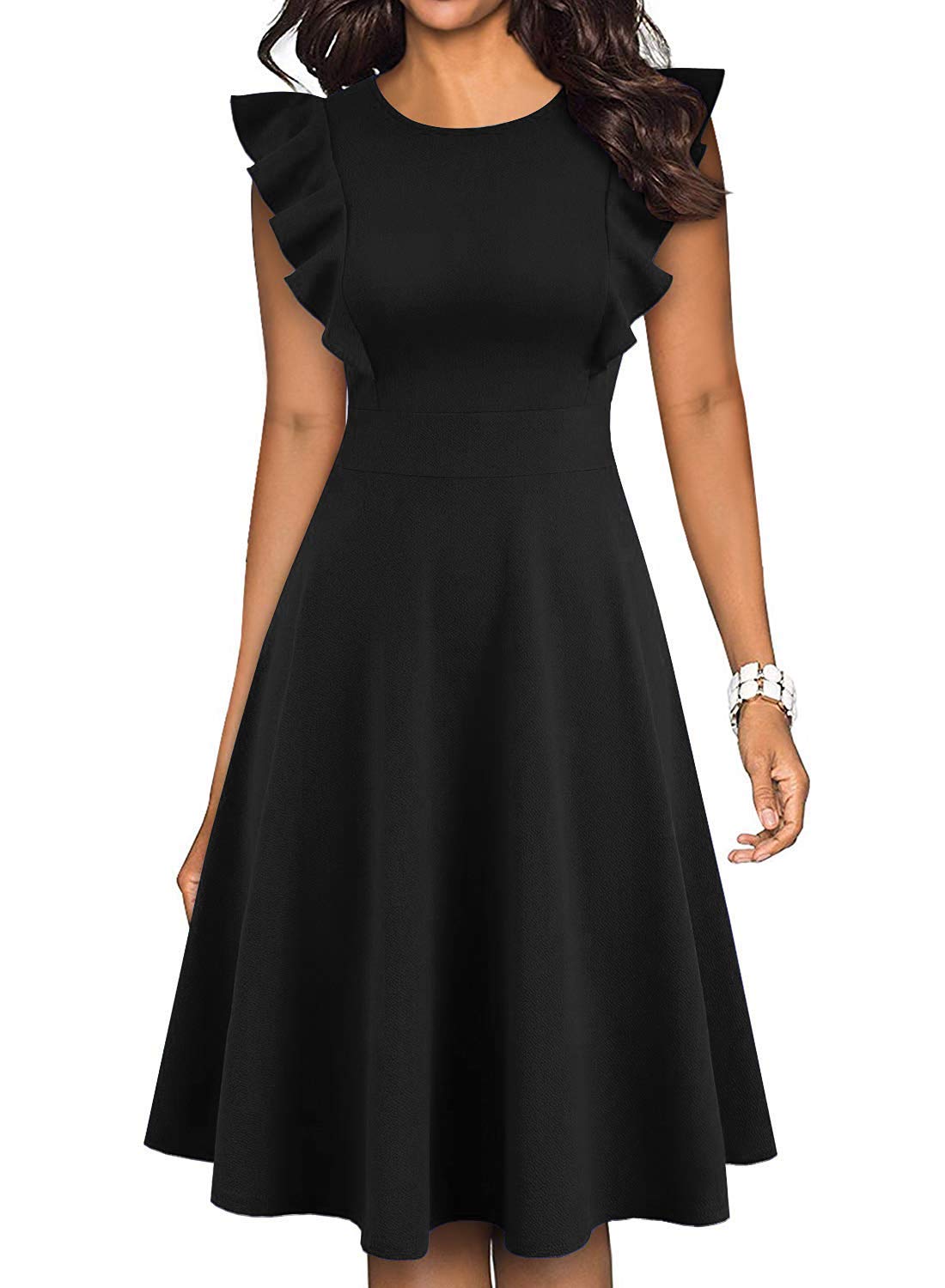 Vintage Floral Ruffle Flared A-Line Swing Dress for Women - Elegant Cocktail Party Dress with Pockets | Perfect for Weddings, Garden Parties & Date Nights