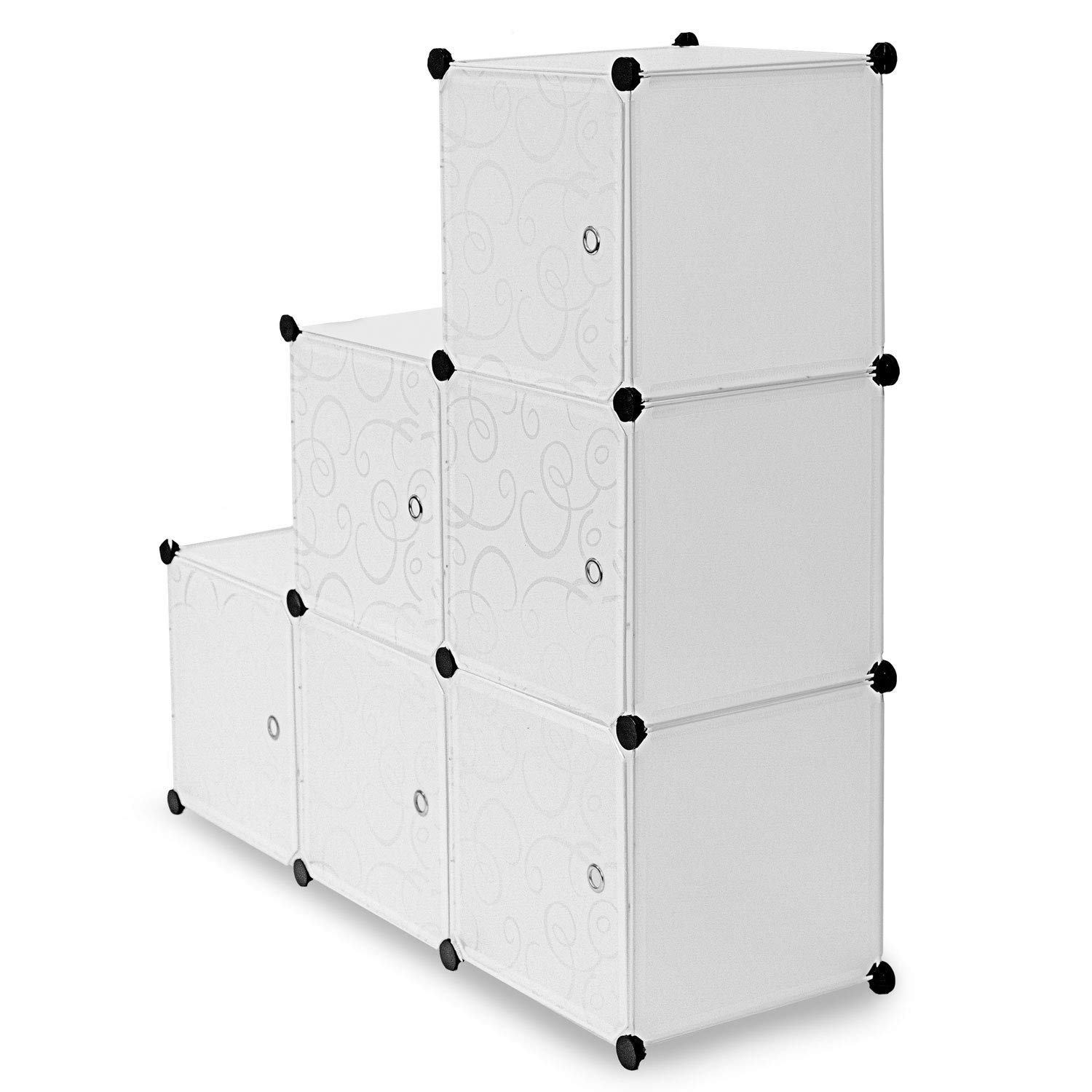 6-Cube Storage Organizer | Stackable Modular Closet Shelves with Doors & Hammer, Translucent White (42