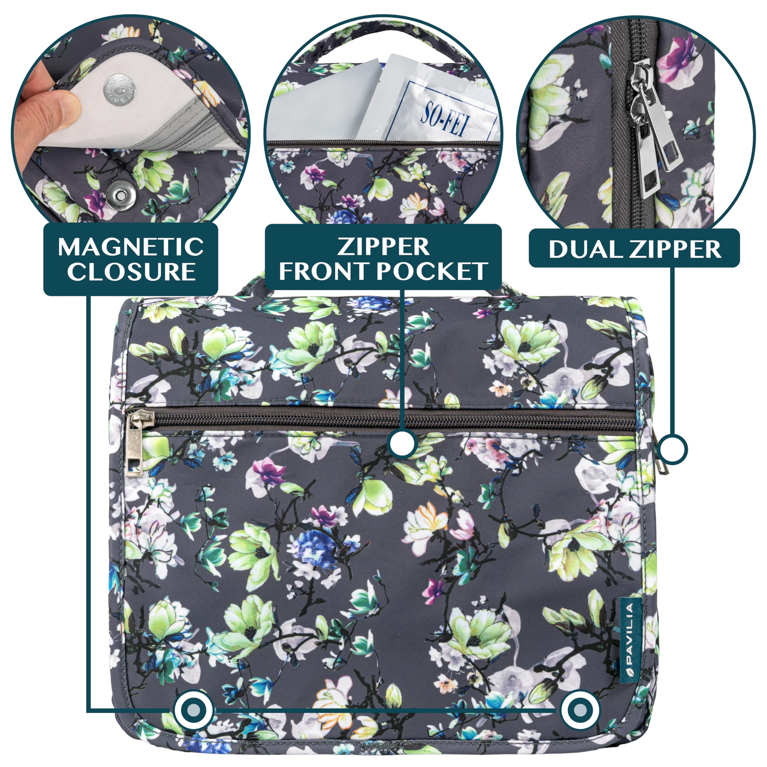 PAVILIA Hanging Toiletry Bag for Women & Men - Foldable Water-Resistant Cosmetic Organizer, Large Travel Makeup Bag with Multiple Pockets - Perfect for Camping, Gym, Business Trips & Vacation Essentials (Grey Floral)