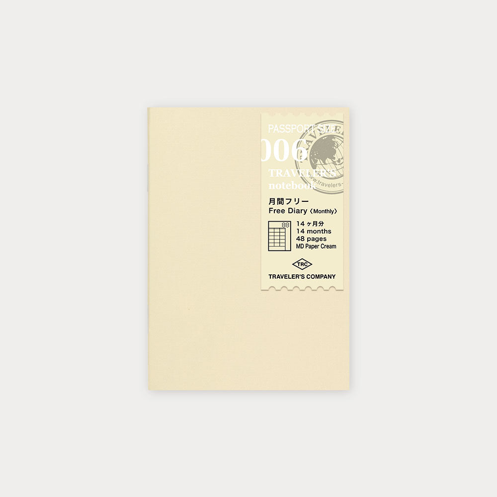 TRAVELER'S Notebook Refill - Passport Size 006 Free Diary (Monthly Planner) | Perfect for Travel Journaling, Daily Planning & Creative Writing