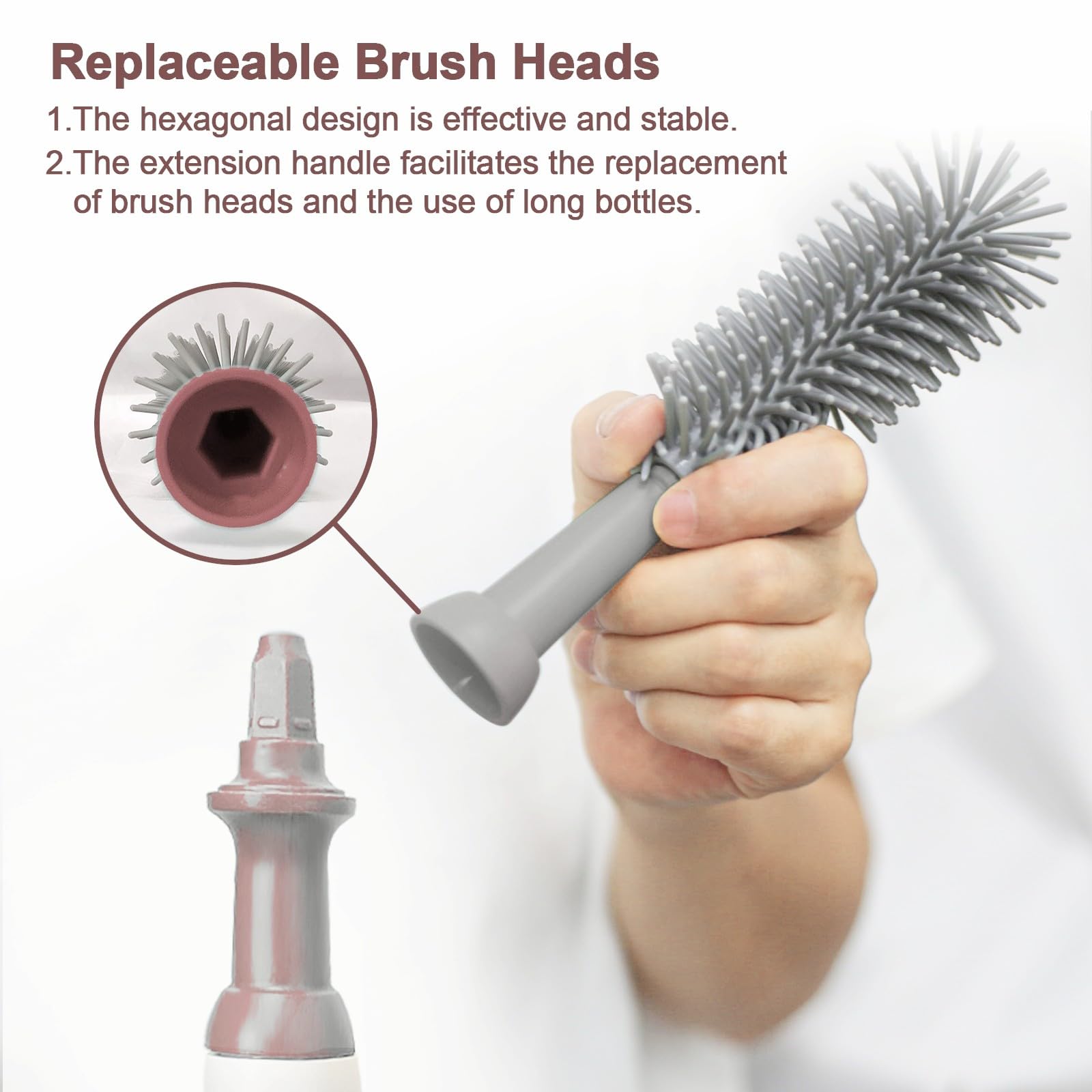 Electric Bottle Brush Set - 3 Replaceable Silicone Baby Bottle Brushes with Extension Handle | Waterproof & Durable | Perfect for Baby Bottles, Sippy Cups & Water Bottles | Essential Cleaning Tool for Nurseries & Kitchens (Grey)