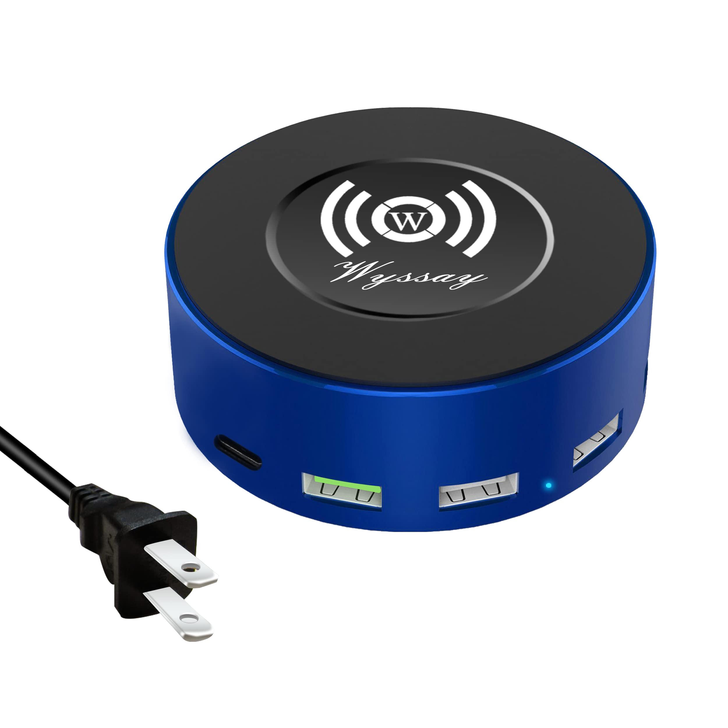 Wyssay 75W 6-Port USB Charging Station with Wireless Charger - Fast Type-C & QC3.0 Ports, Multi USB Hub for iPhone, Samsung, iPad, AirPods - Perfect for Home, Office & Travel (Blue)