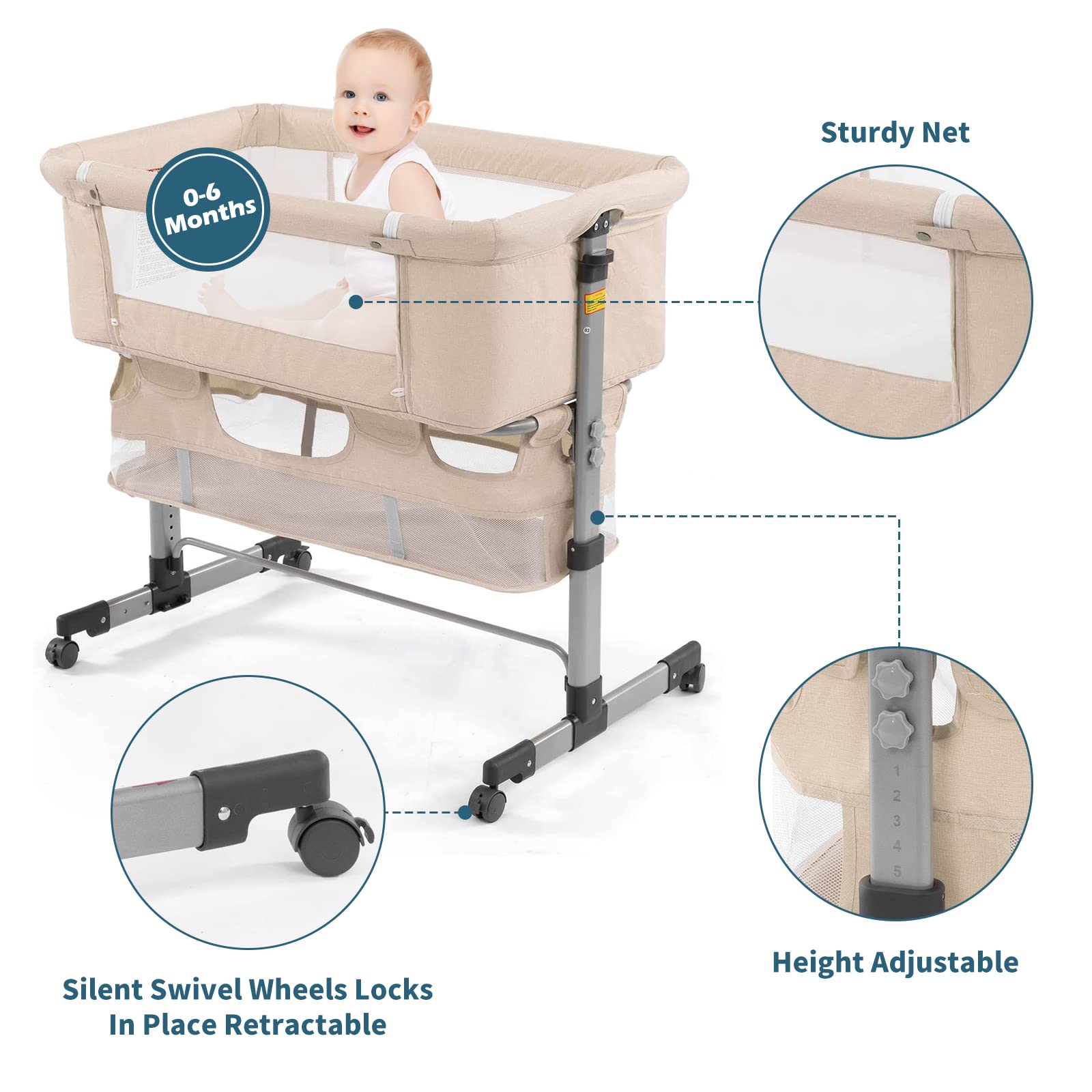 3-in-1 Portable Adjustable Bedside Crib for Newborn Baby - Convertible Bassinet with Mosquito Net for Girls & Boys - Deep Khaki - Perfect for Nursery, Bedroom & Travel