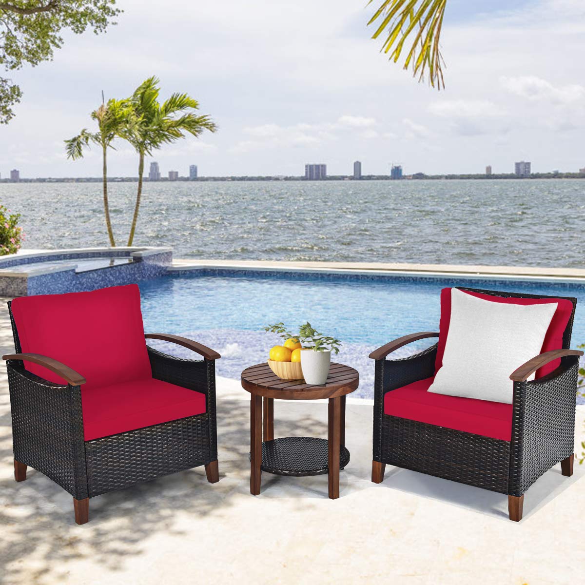 Tangkula 3-Piece Outdoor Patio Furniture Set - Rattan Sofa & Side Table with Solid Acacia Wood Frame, Heavy Duty Conversation Bistro Set with Washable Removable Cushions (Red) - Perfect for Garden, Backyard, Balcony and Poolside Relaxation