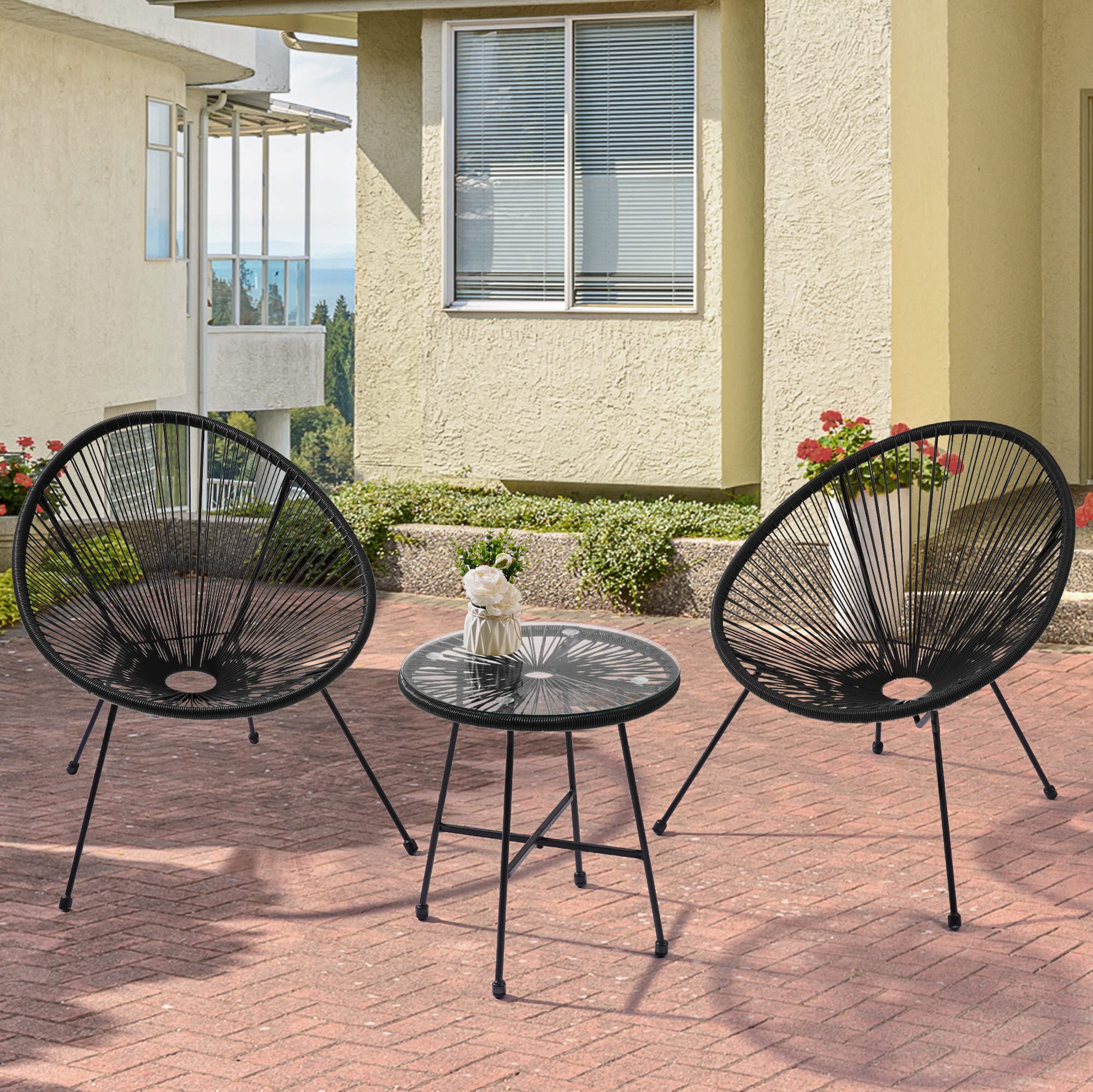 3-Piece Patio Furniture Set - Acapulco Chair with Tempered Glass Top Table & 2 Chairs - Indoor Outdoor Seating for Garden, Balcony, Poolside - Black