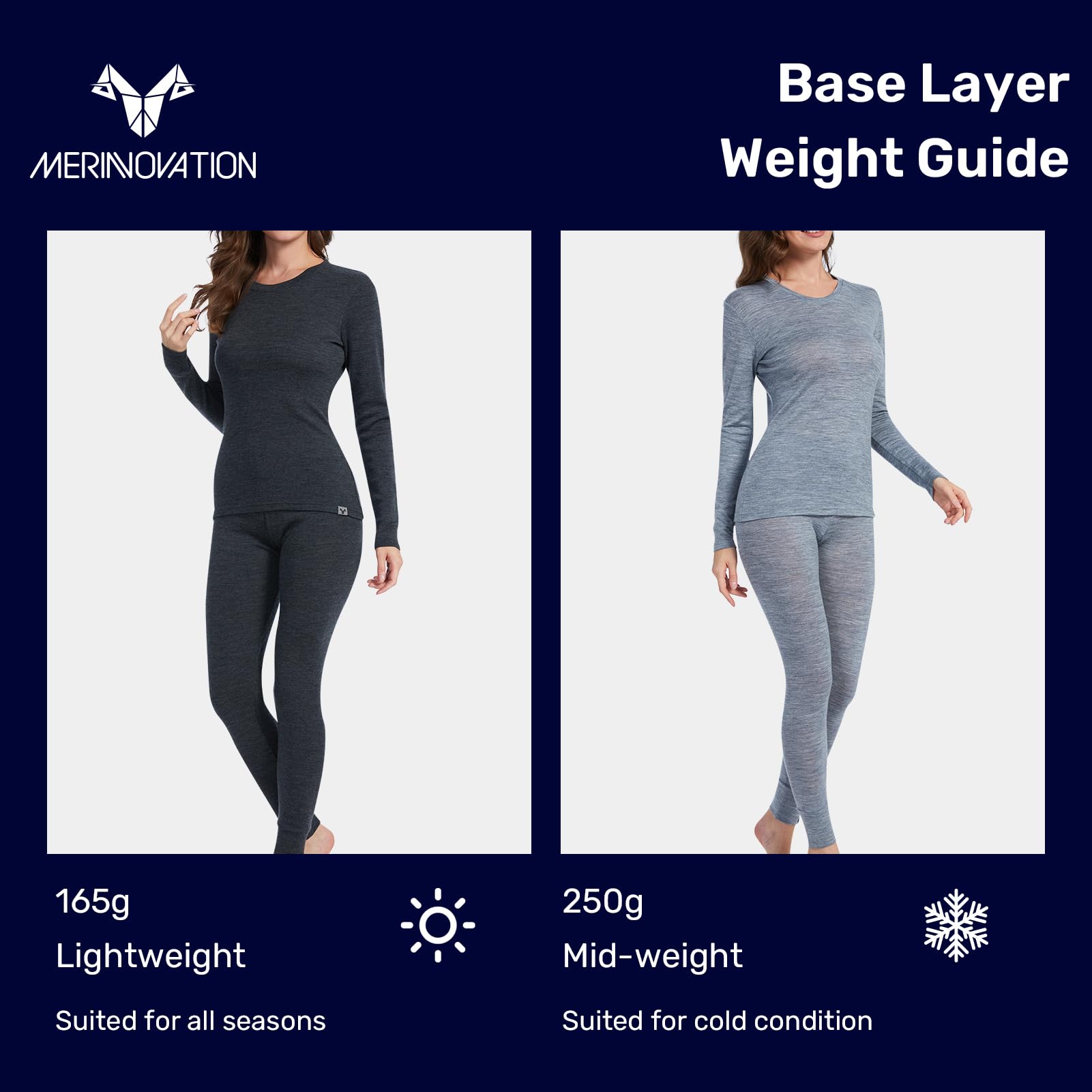 MERINNOVATION Women's 100% Merino Wool Thermal Base Layer Set - Warm Winter Underwear for Hiking, Skiing & Outdoor Activities