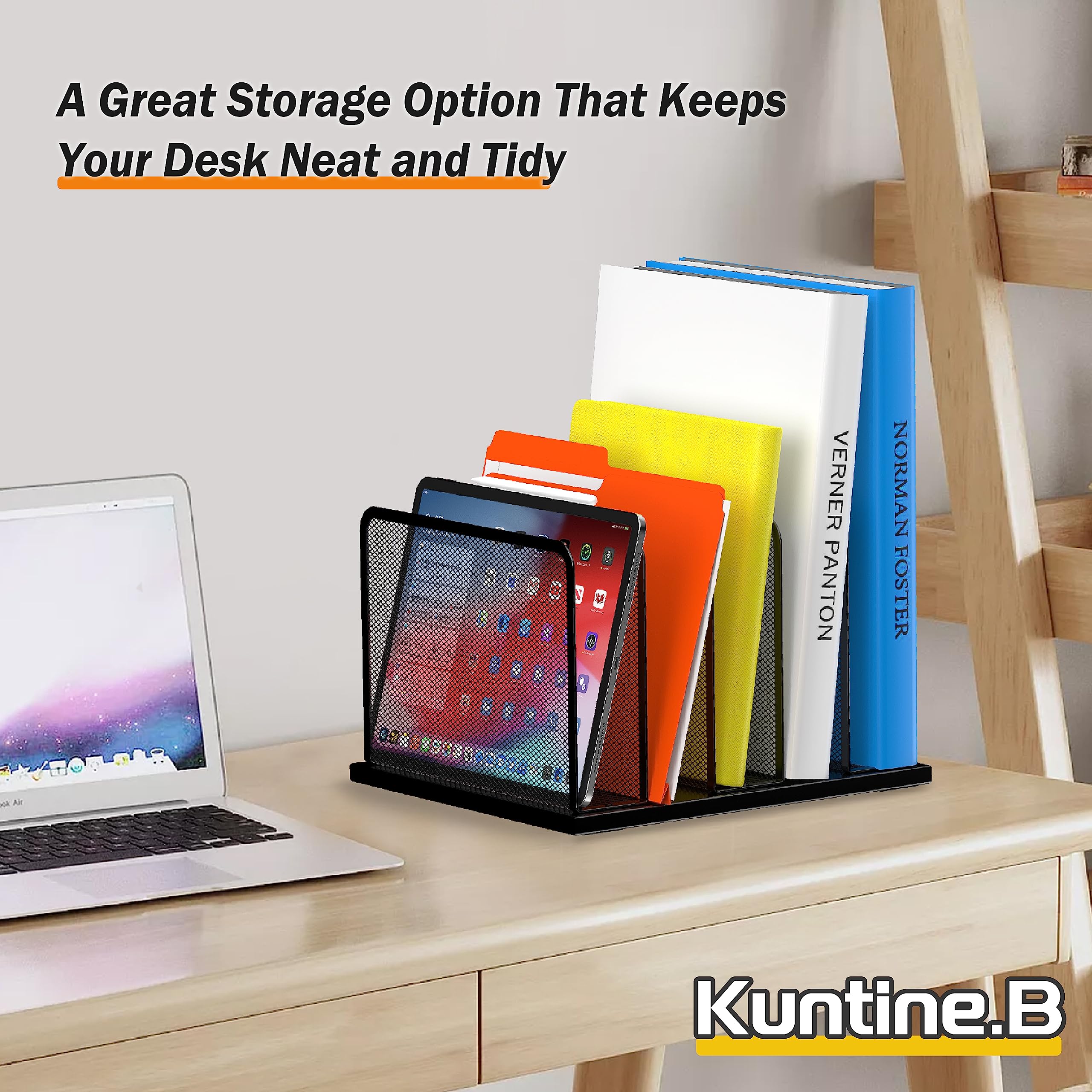 Kuntine.B 5-Section Mesh Desk File Organizer - Upright Desktop File Sorter for Office Documents, Papers & Folders - Perfect for Home Office, Classroom & Workspace Organization (Black) - Keep Your Desk Neat & Productive