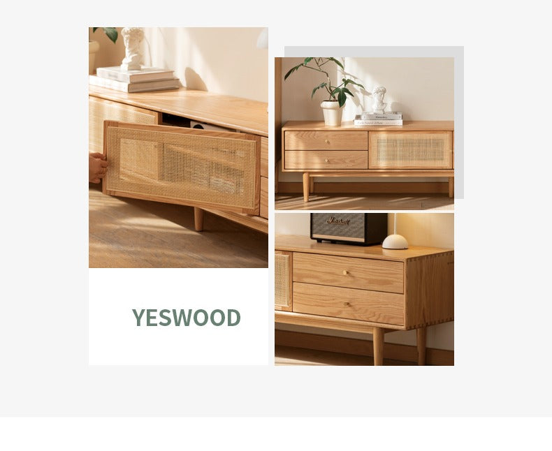 Solid Oak Wood TV Stand with Rattan Doors - Stylish Media Console for Living Room, Bedroom, or Home Theater