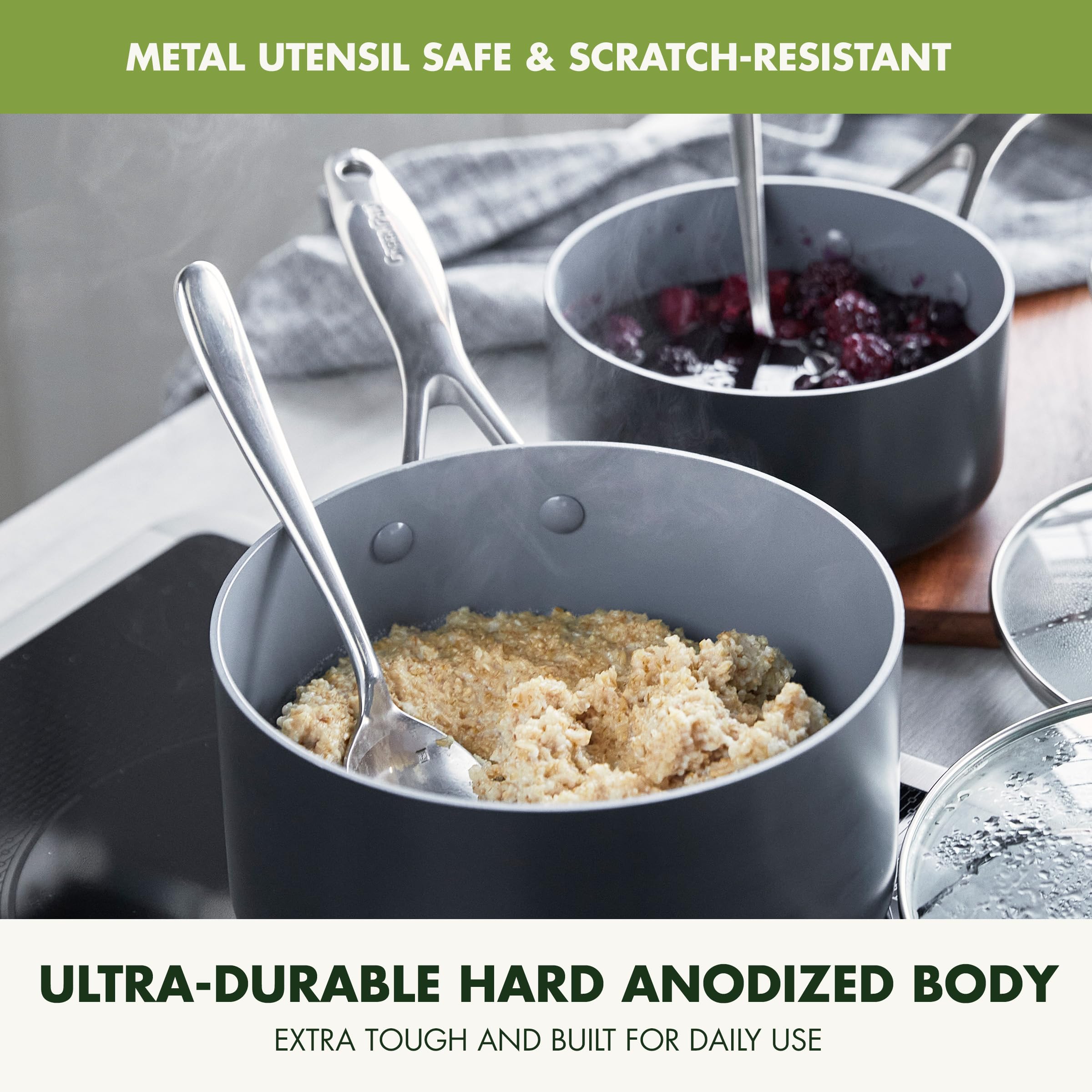 GreenPan Valencia Pro Hard Anodized Healthy Ceramic Nonstick Saucepan Set (1.66QT & 3.3QT) with Lids - PFAS-Free, Induction Compatible, Dishwasher & Oven Safe - Perfect for Cooking, Boiling & Simmering Soups, Sauces and Pasta - Gray