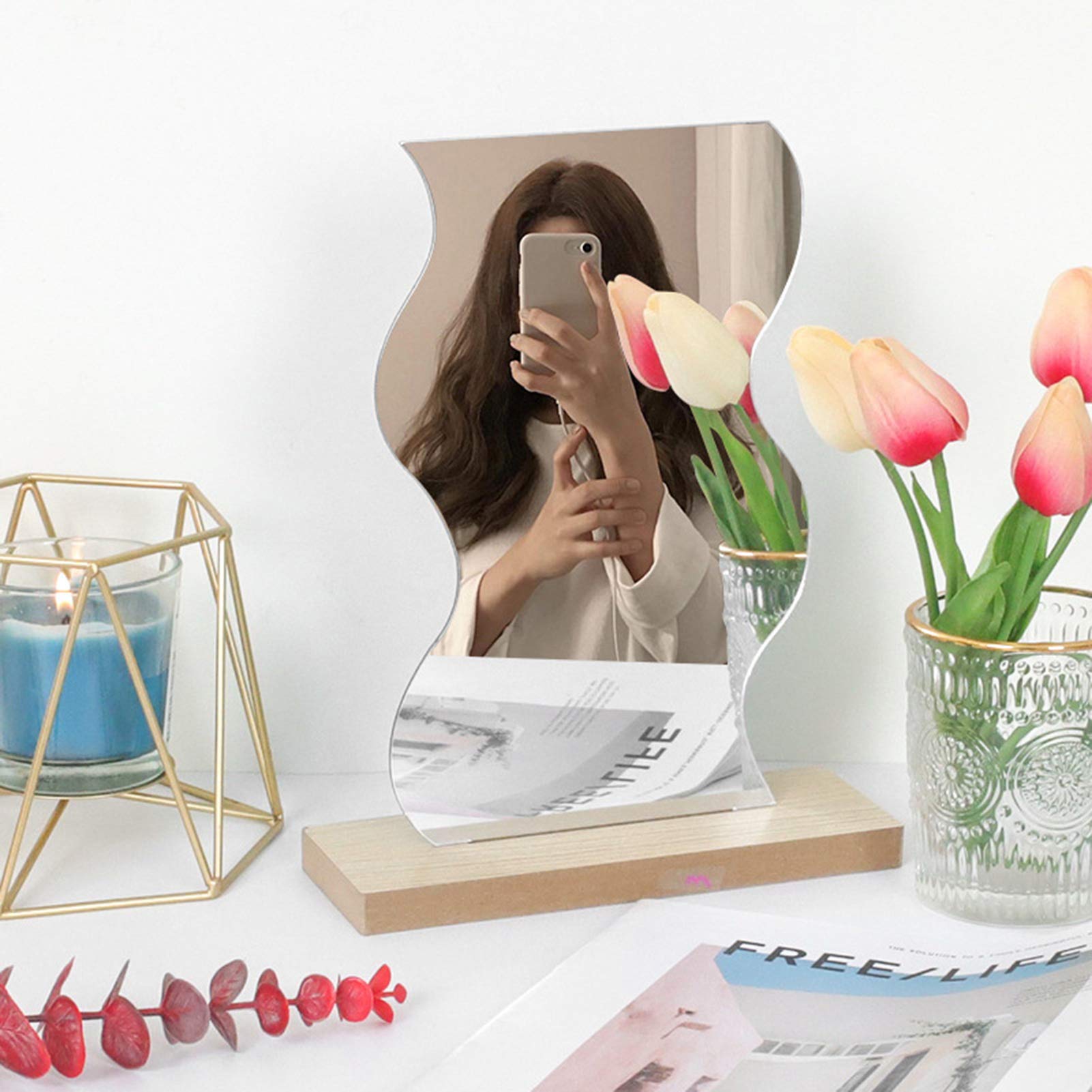 BARMI Decorative Desk Mirror with Base - Acrylic Vanity Mirror for Bedroom & Office | Cute Aesthetic Room Decor for Makeup, Dressing Table, and Home Decor