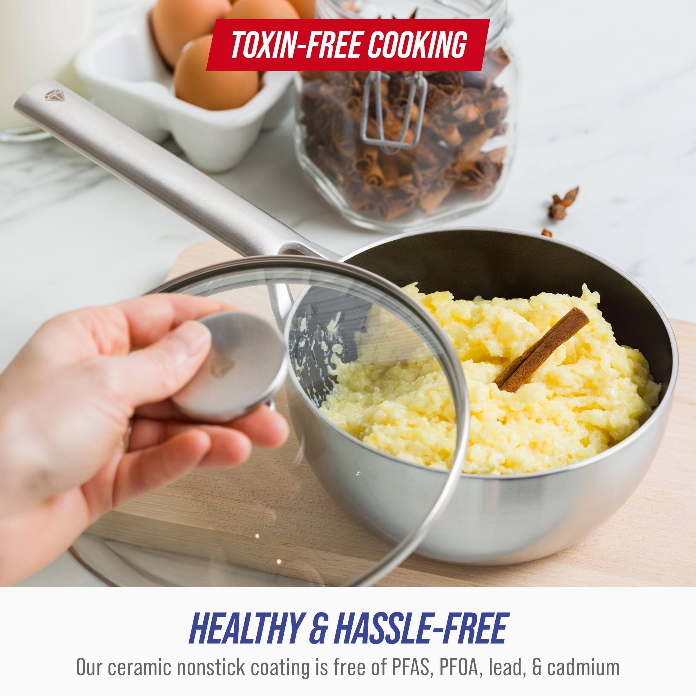 Blue Diamond 15-Piece Tri-Ply Stainless Steel Cookware Set - Healthy Ceramic Nonstick, Induction Compatible Pots & Pans | PFAS & PFOA-Free, Dishwasher & Oven Safe up to 600°F, Metal Utensil Friendly | Perfect for Everyday Cooking, Family Meals & Professional Kitchens