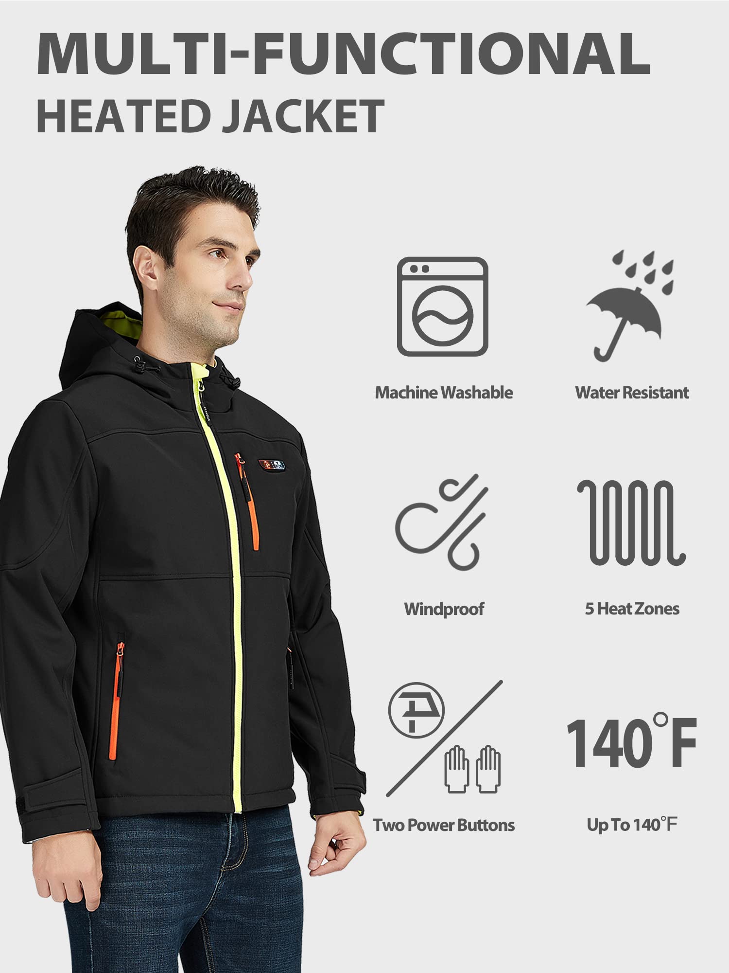 PTAHDUS Men's Heated Jacket with 5 Adjustable Heat Zones & Battery Pack - Winter Warm Jacket with Hand Warmer Pockets for Outdoor Activities, Camping & Hiking