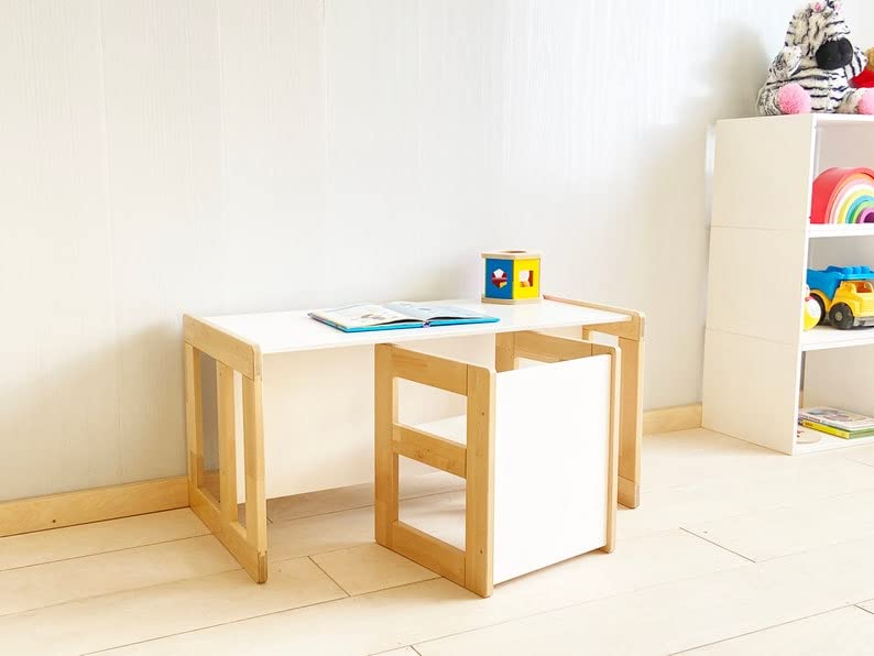 Montessori Table and Chair Set - Natural & White Wooden Kids Furniture for Toddlers, Multifunctional Learning Desk & Chair for Classroom, Homeschool, Playroom - Perfect for Reading, Drawing & Playtime