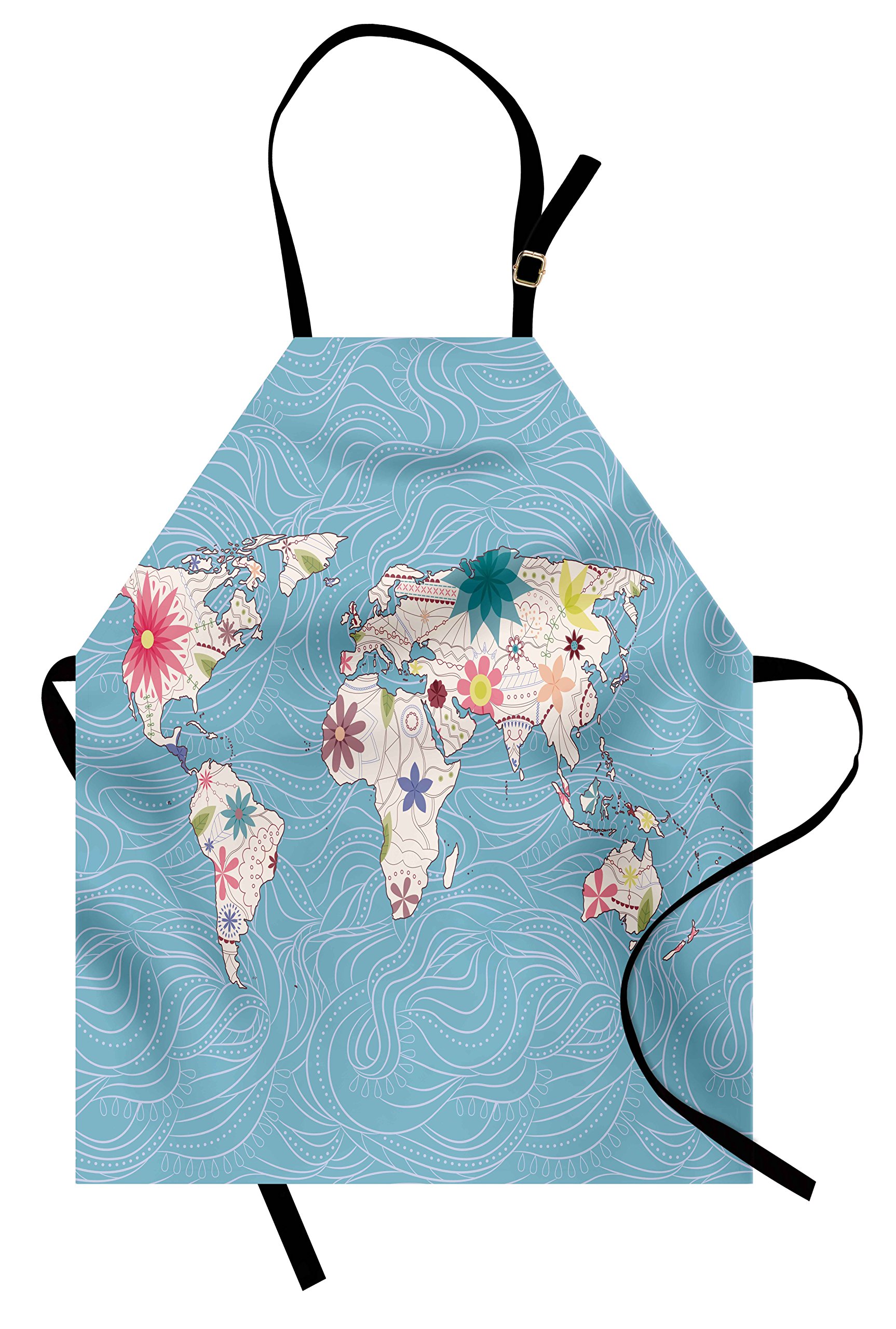 Ambesonne Floral World Map Apron - Blossom Atlas Continents Ecology Nature Design, Unisex Adjustable Kitchen Bib for Cooking, Baking & Gardening (Adult Size, Blue/White) - Perfect for Home Chefs, BBQ Parties & Outdoor Activities