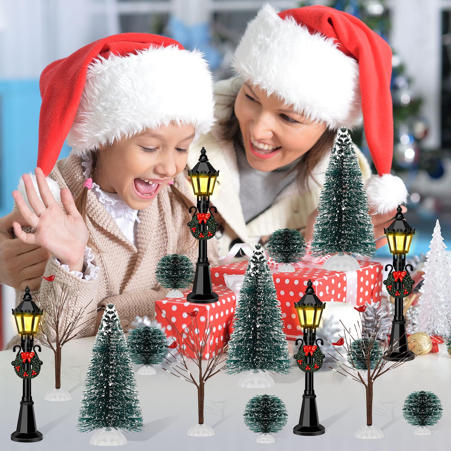 16-Piece Christmas Figurine Village Set with Mini Street Lights, Brush Trees & Lantern Posts - DIY Micro Landscape, Fairy Garden, Holiday Tabletop Decor for Christmas Villages & Winter Displays
