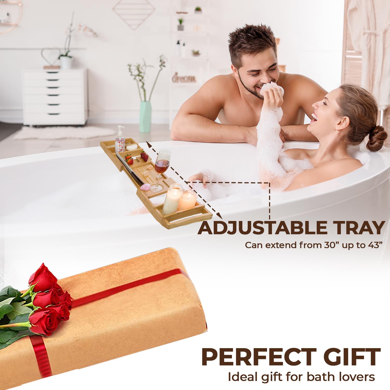 Premium Bamboo Bathtub Tray Caddy - Expandable Foldable Bath Tray for Relaxation - Unique Housewarming, Anniversary & Wedding Gift for Couples - Perfect for Reading, Wine, Candles & Spa Nights