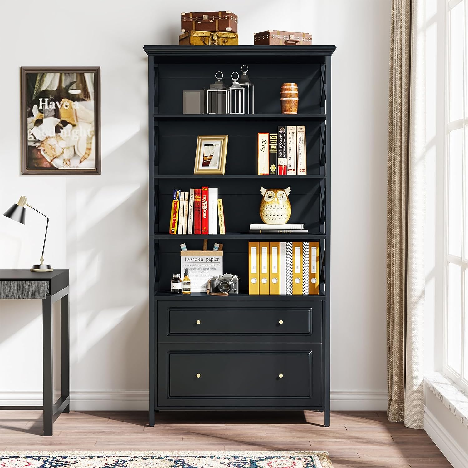 5 Tier Industrial Bookshelf with 2 Drawers - Sturdy Metal Bookcase for Home Office, Living Room & Bedroom Storage - Perfect for Organizing Books, Decor & Office Supplies