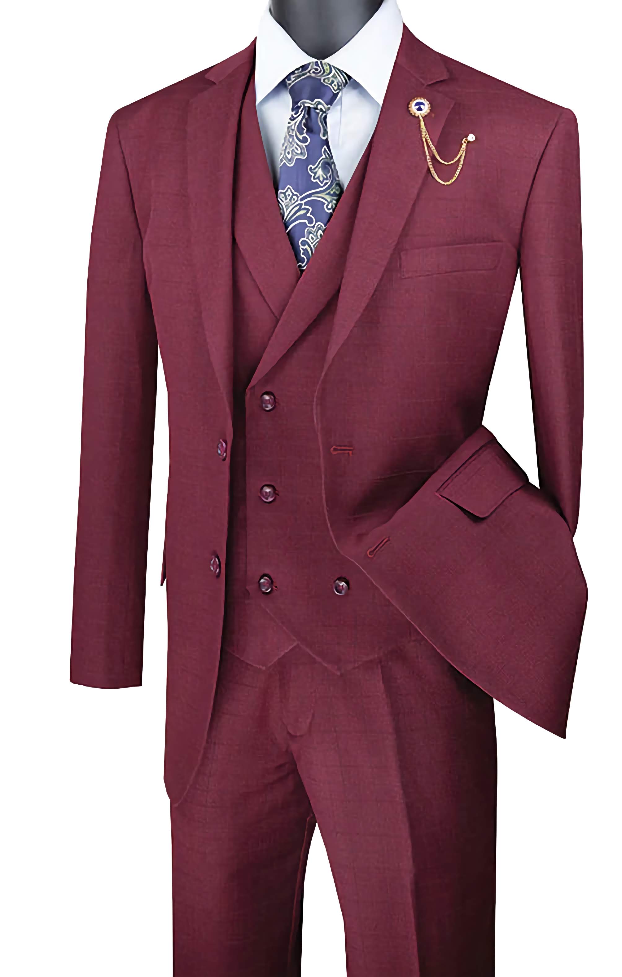 Victoria Collection Burgundy Regular Fit Glen Plaid 2-Button 3-Piece Suit for Men | Business Formal Attire & Wedding Suit